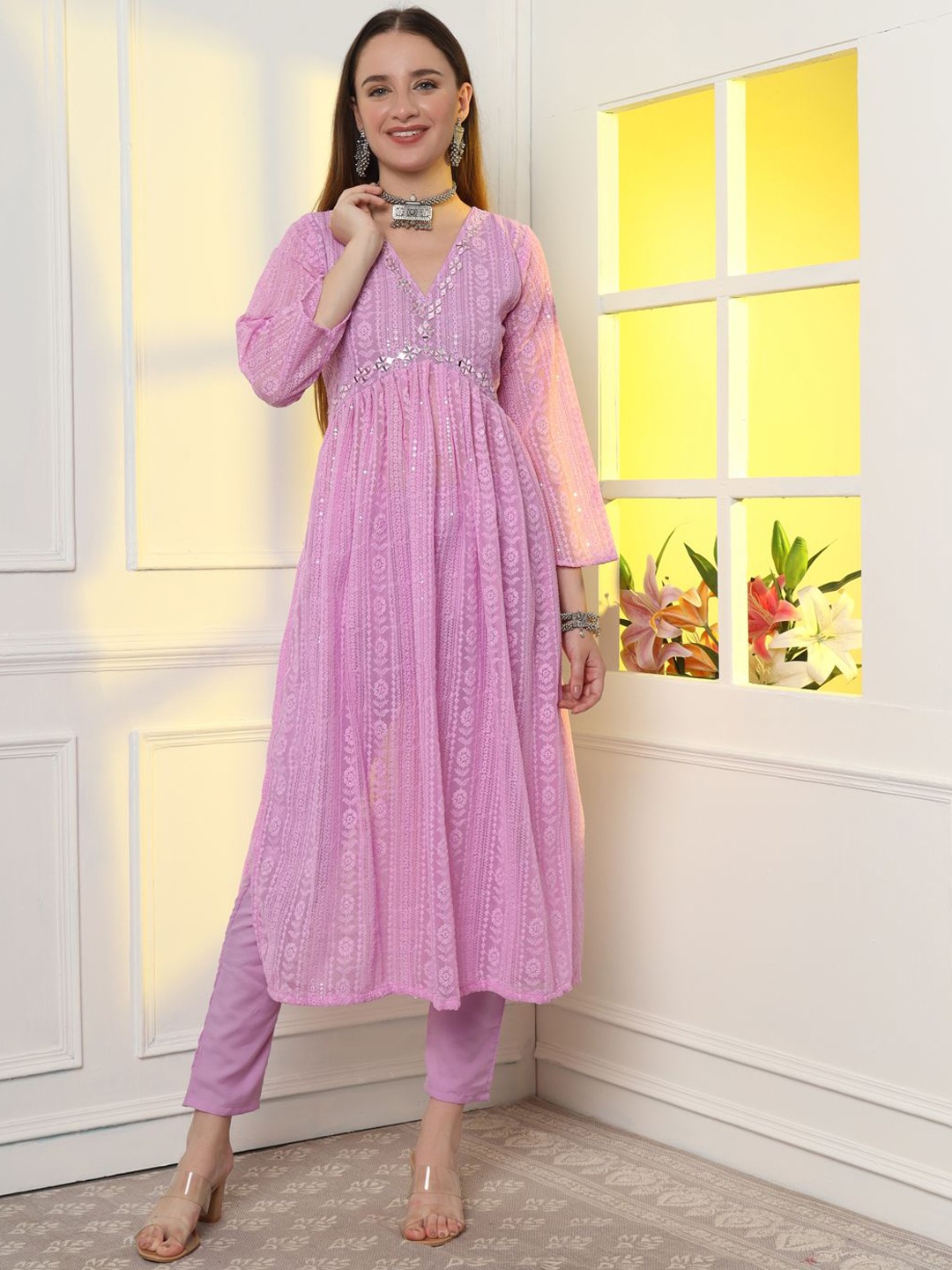 

Classy Couture Women Floral Embroidered Pleated Kurta with Trousers, Lavender