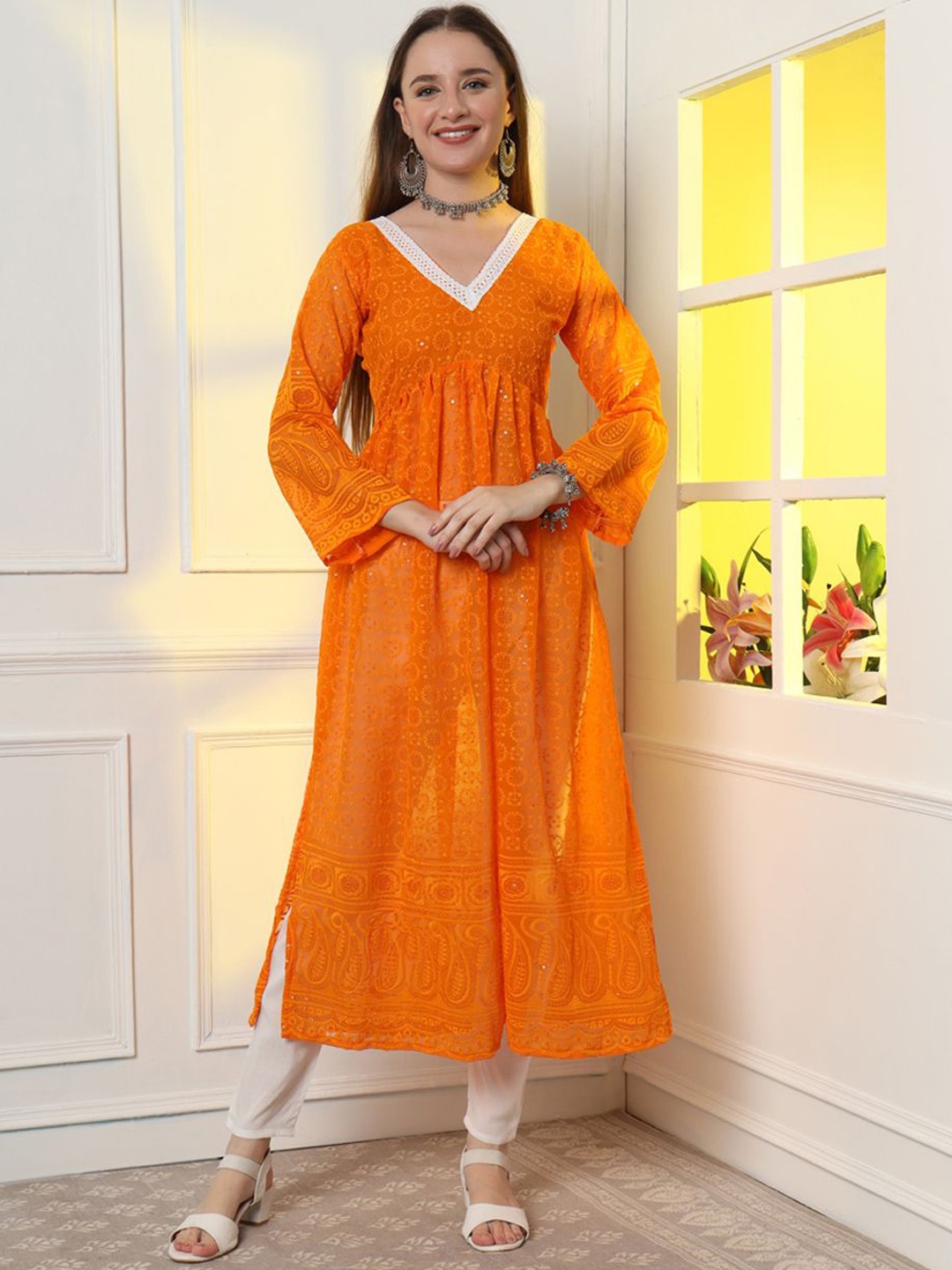 

Classy Couture Women Ethnic Motifs Embroidered Empire Thread Work Kurta with Pyjamas, Orange