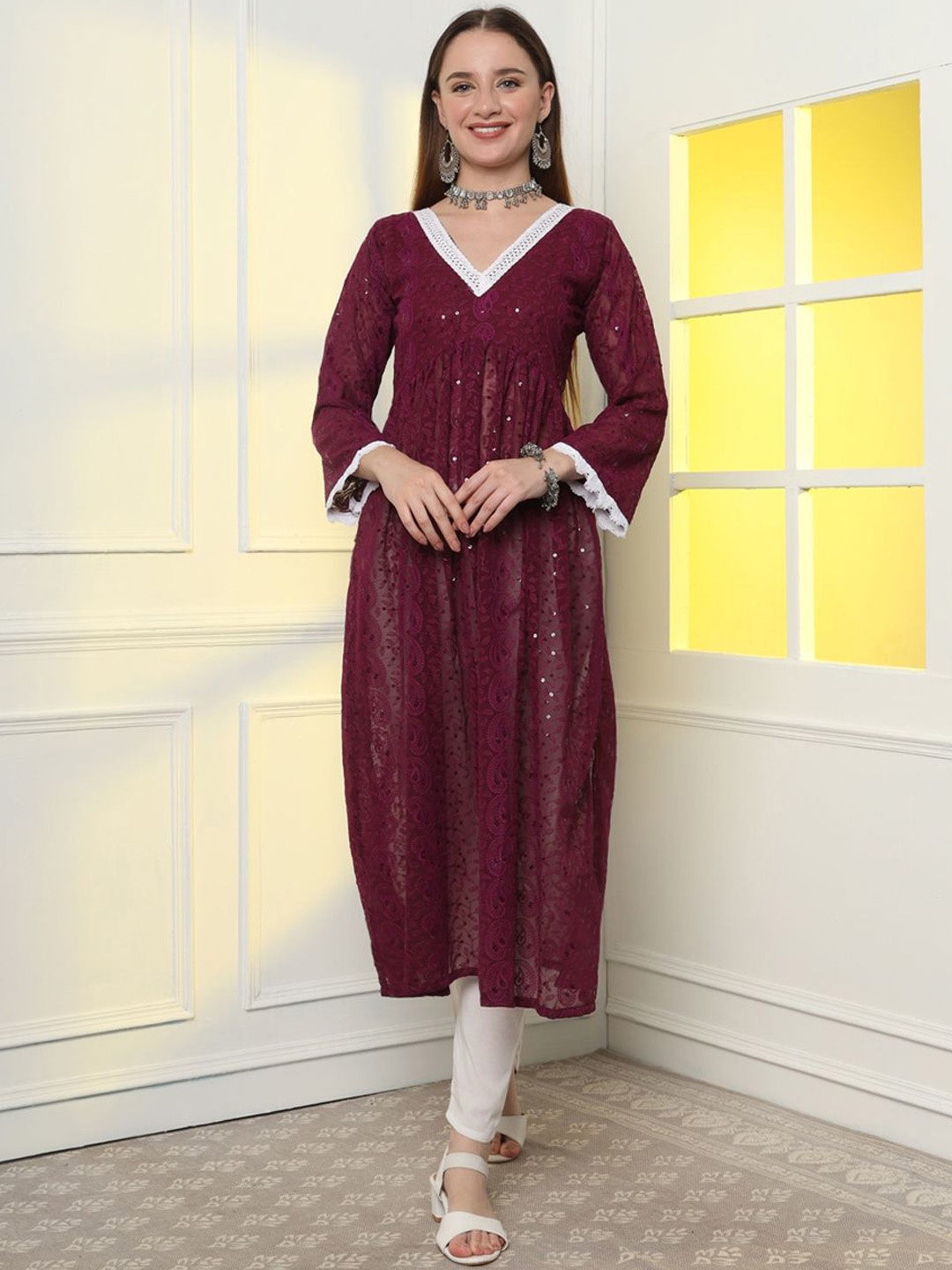 

Classy Couture Women Floral Embroidered Pleated Kurta with Pyjamas, Purple