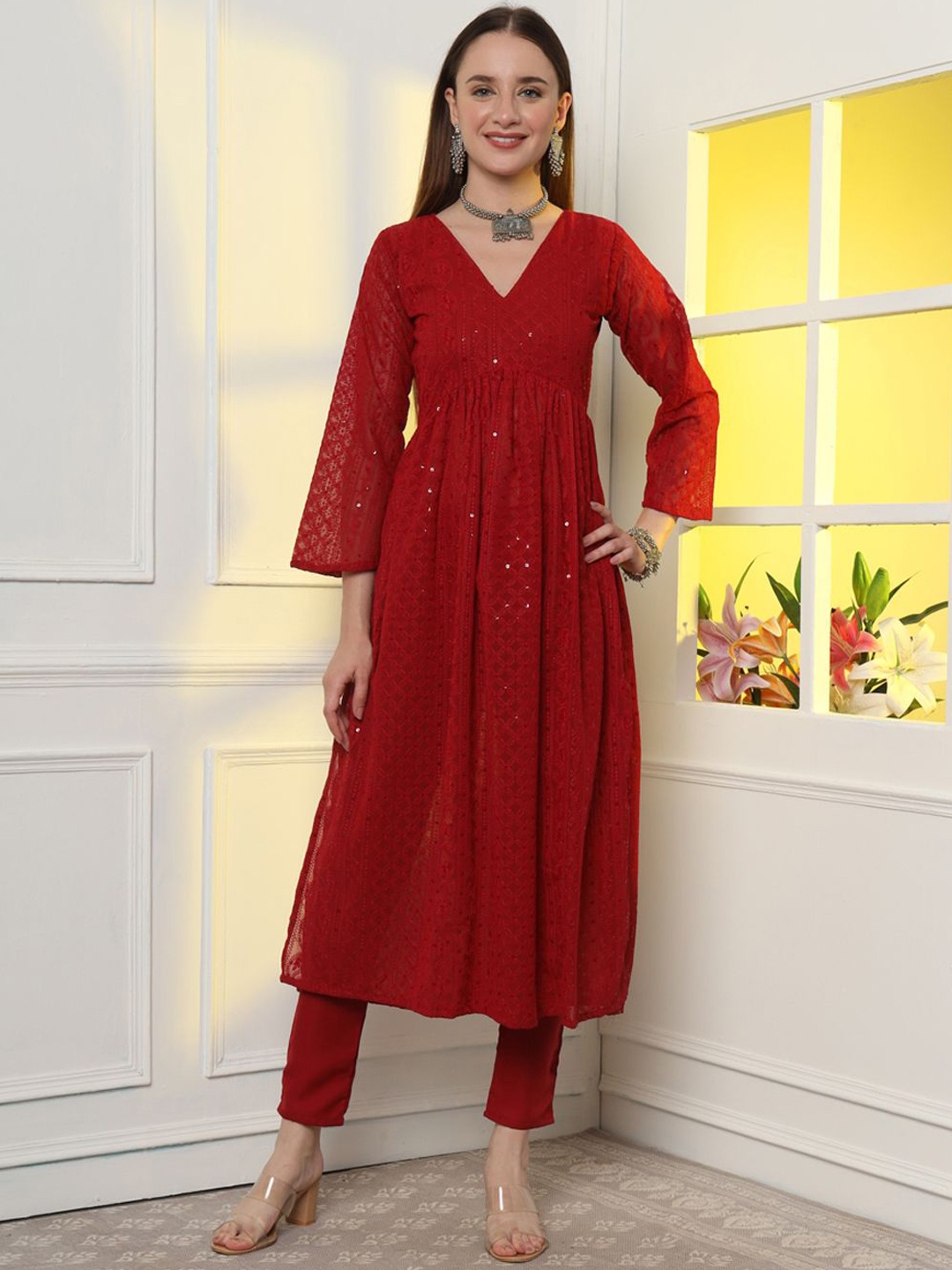 

Classy Couture Women Embroidered Empire Kurta with Pyjamas, Maroon