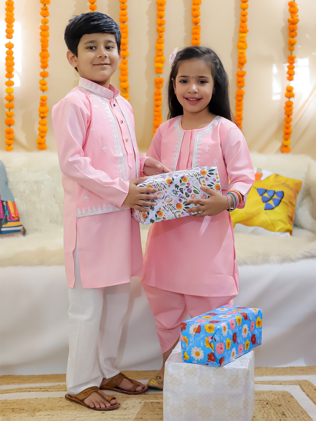 

BownBee Girls Embroidered Regular Kurta with Dhoti Pants, Pink