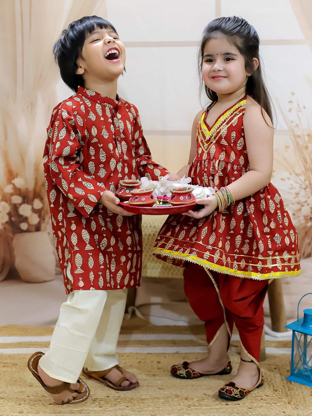 

BownBee Girls Printed Regular Pure Cotton Kurta with Dhoti Pants, Maroon