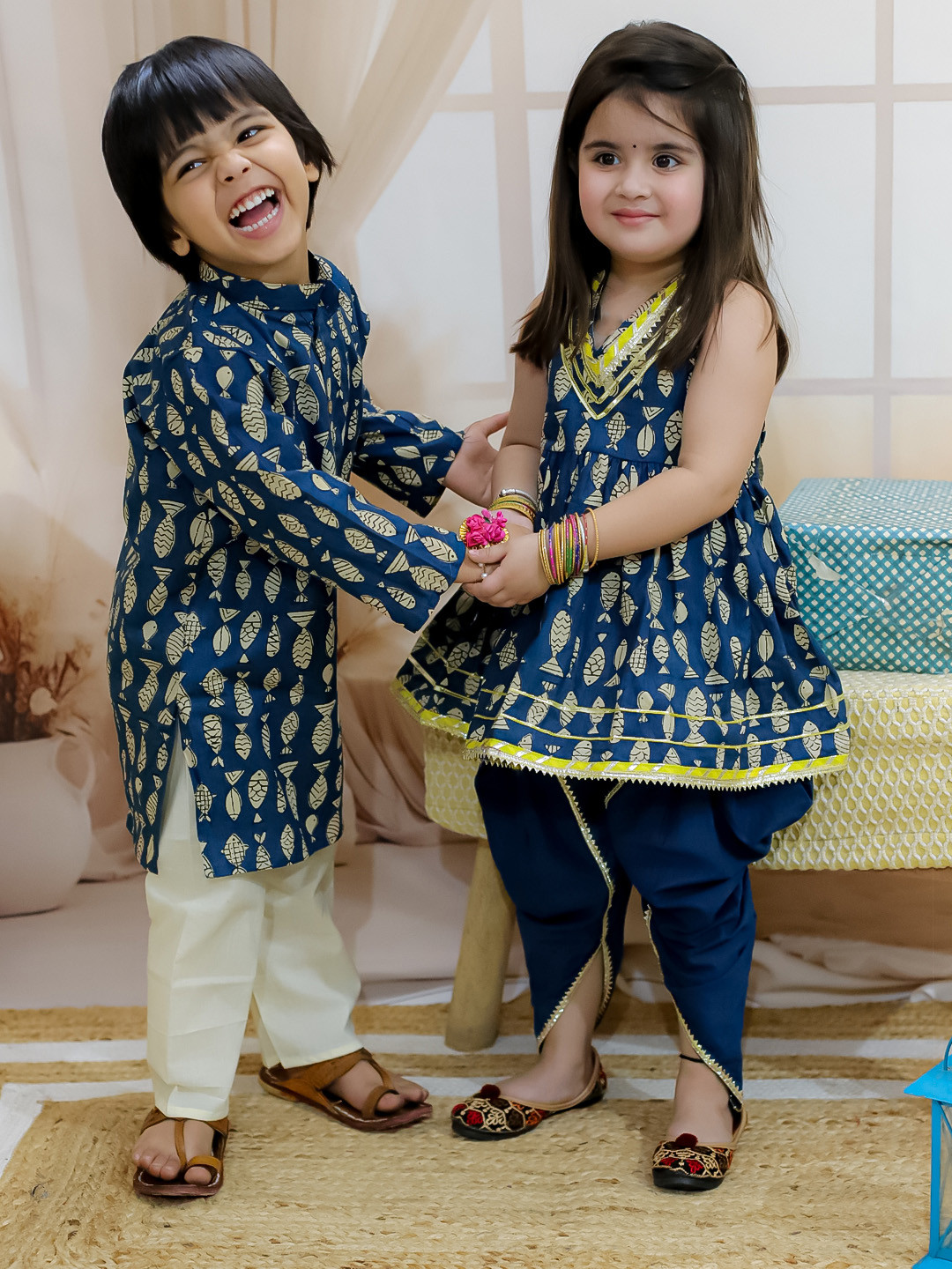 

BownBee Girls Ethnic Motifs Printed Regular Pure Cotton Kurta with Dhoti Pants, Blue