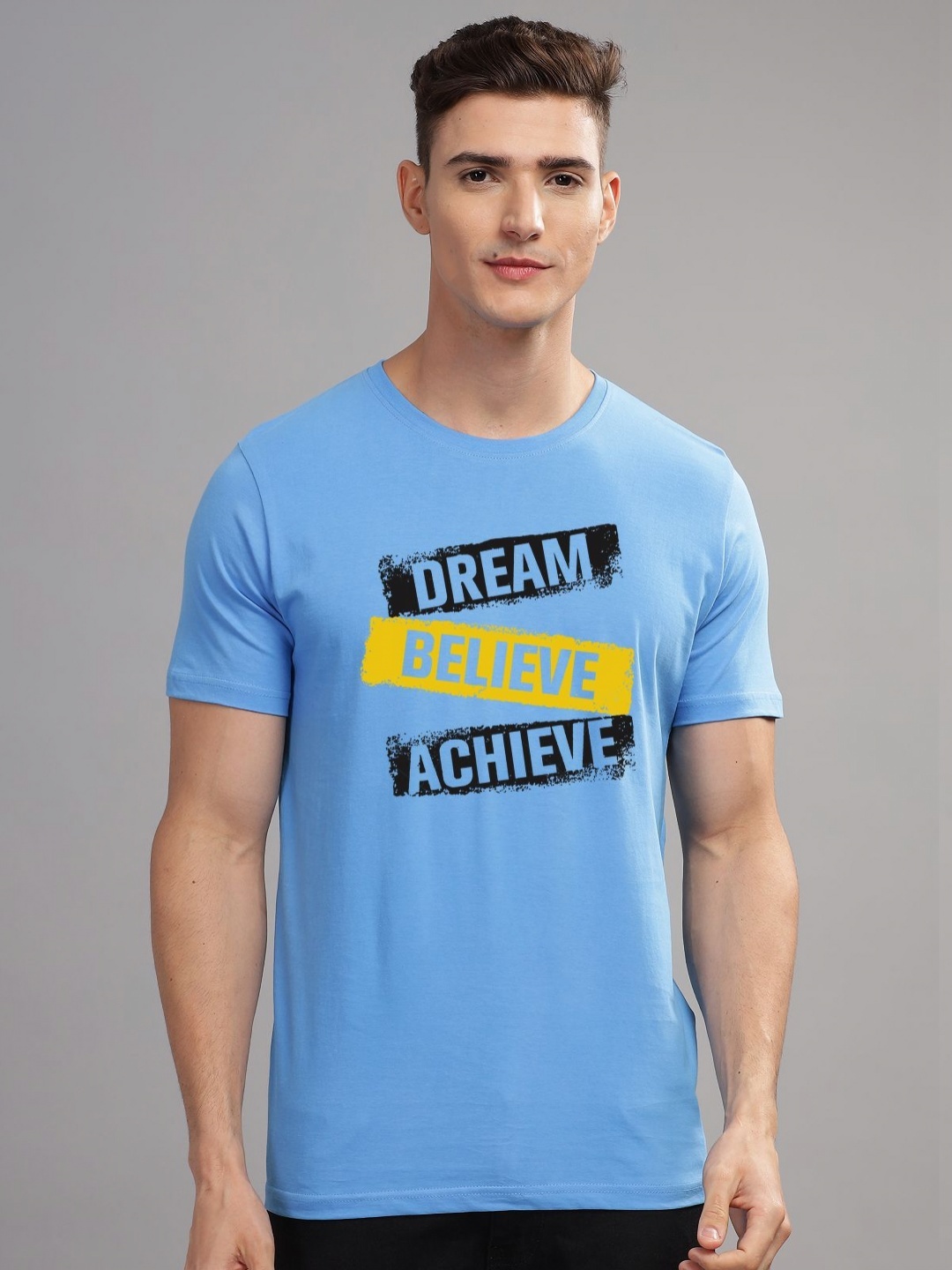 ADRO Men Typography Printed Raw Edge T-shirt, Blue