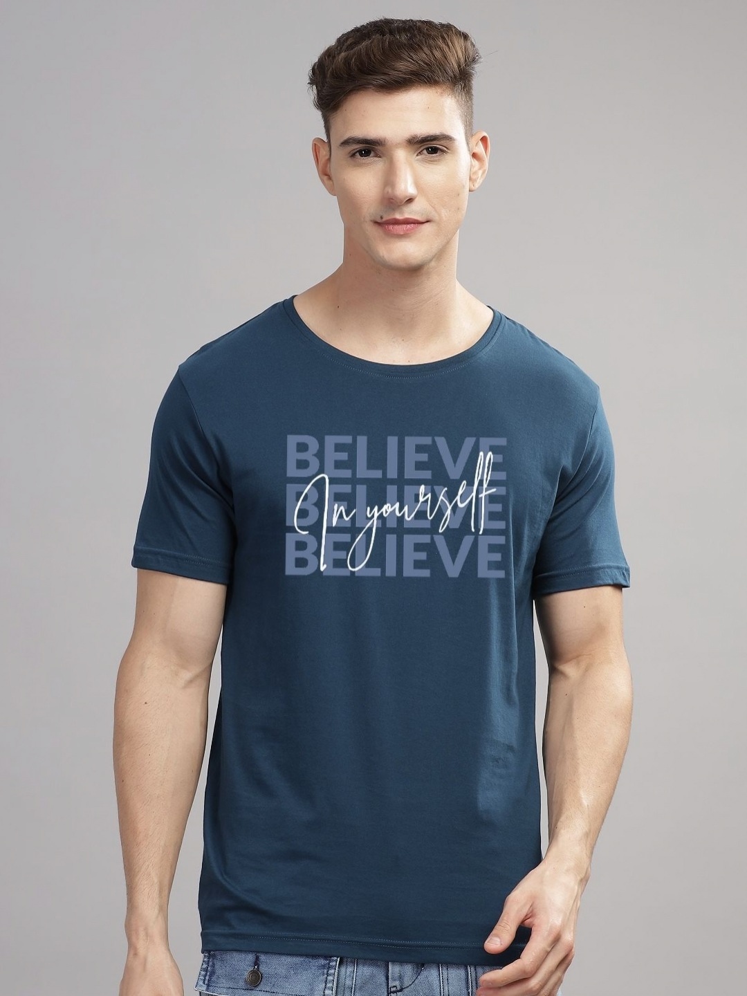 

ADRO Men Typography Printed Applique T-shirt, Teal