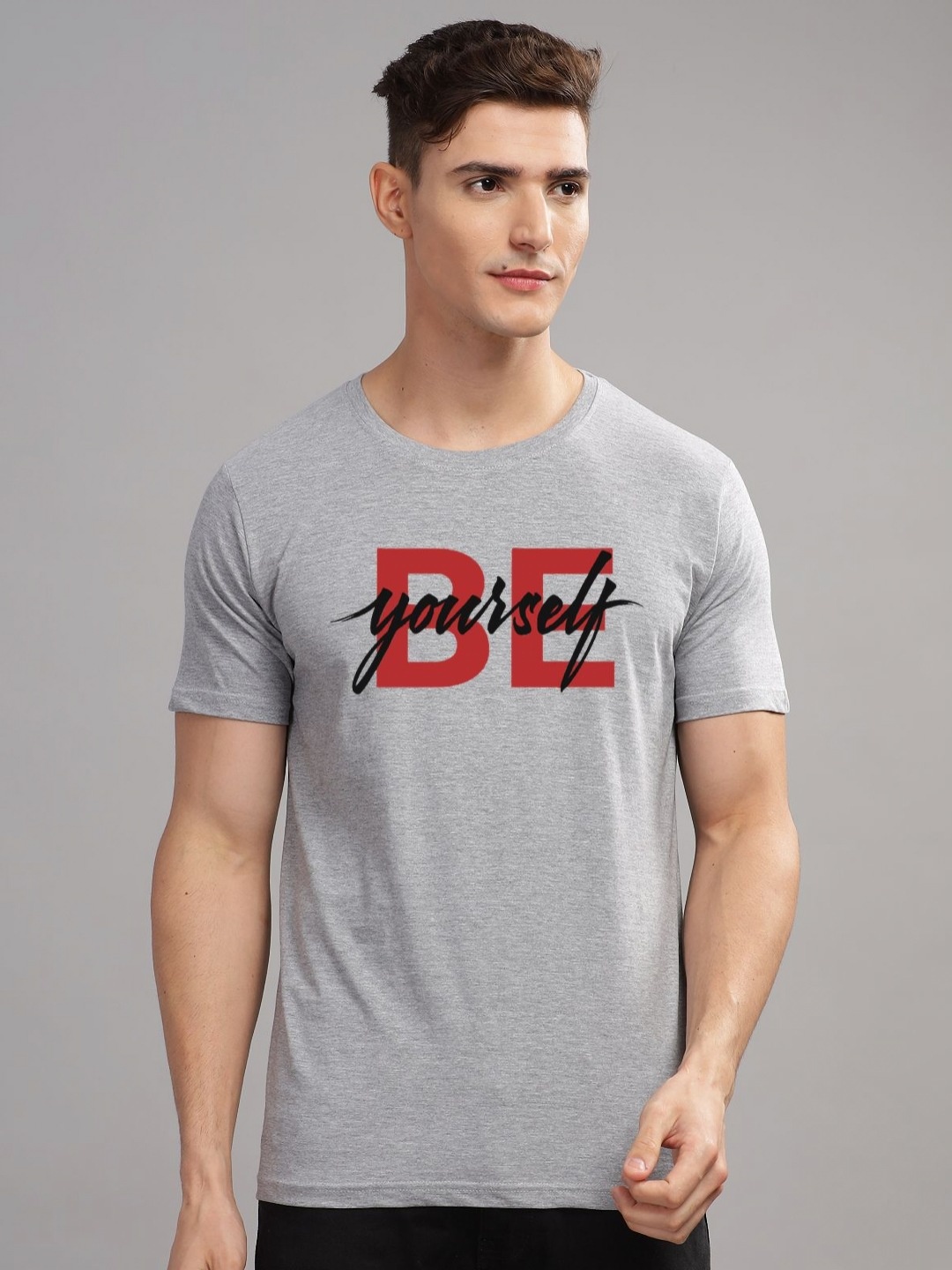 ADRO Men Typography Printed Applique T-shirt, Grey