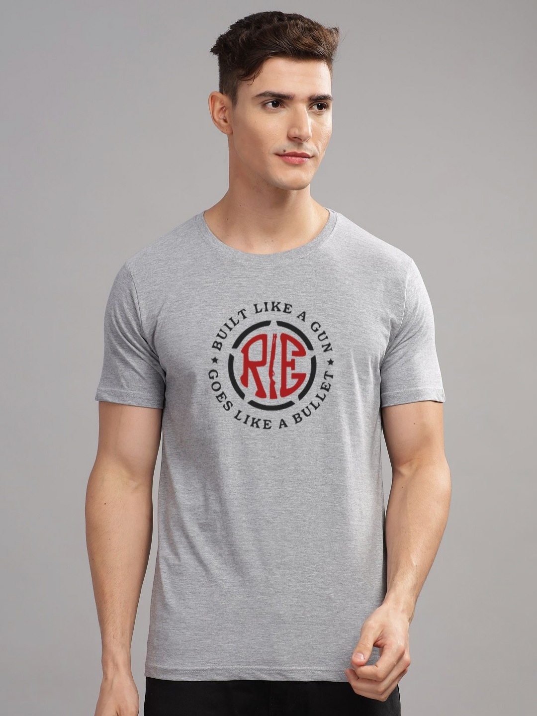 

ADRO Men Typography Printed Applique T-shirt, Grey