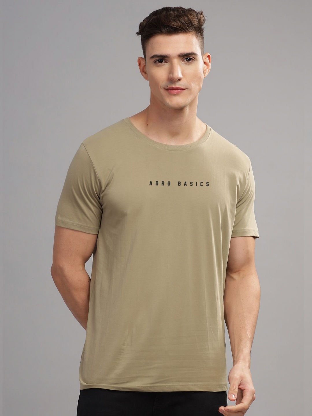 

ADRO Men Typography Printed Applique T-shirt, Beige