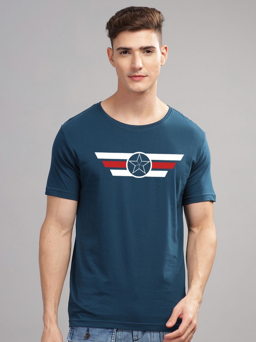 

ADRO Men Typography Printed Applique T-shirt, Teal