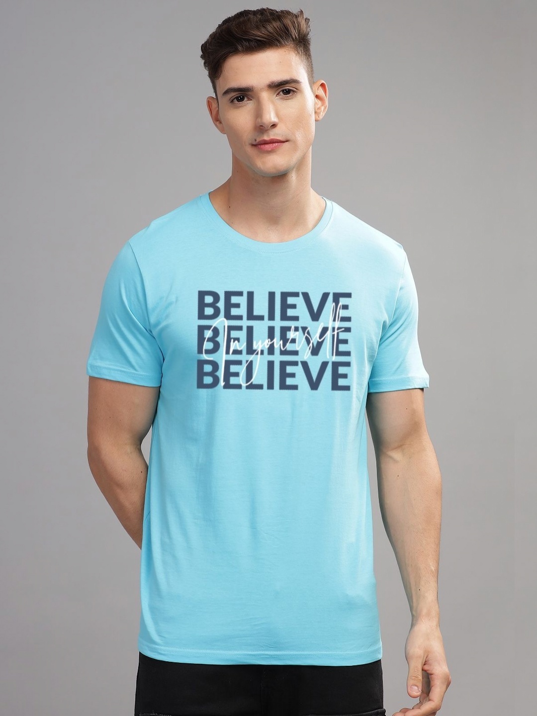 

ADRO Men Typography Printed Applique T-shirt, Turquoise blue