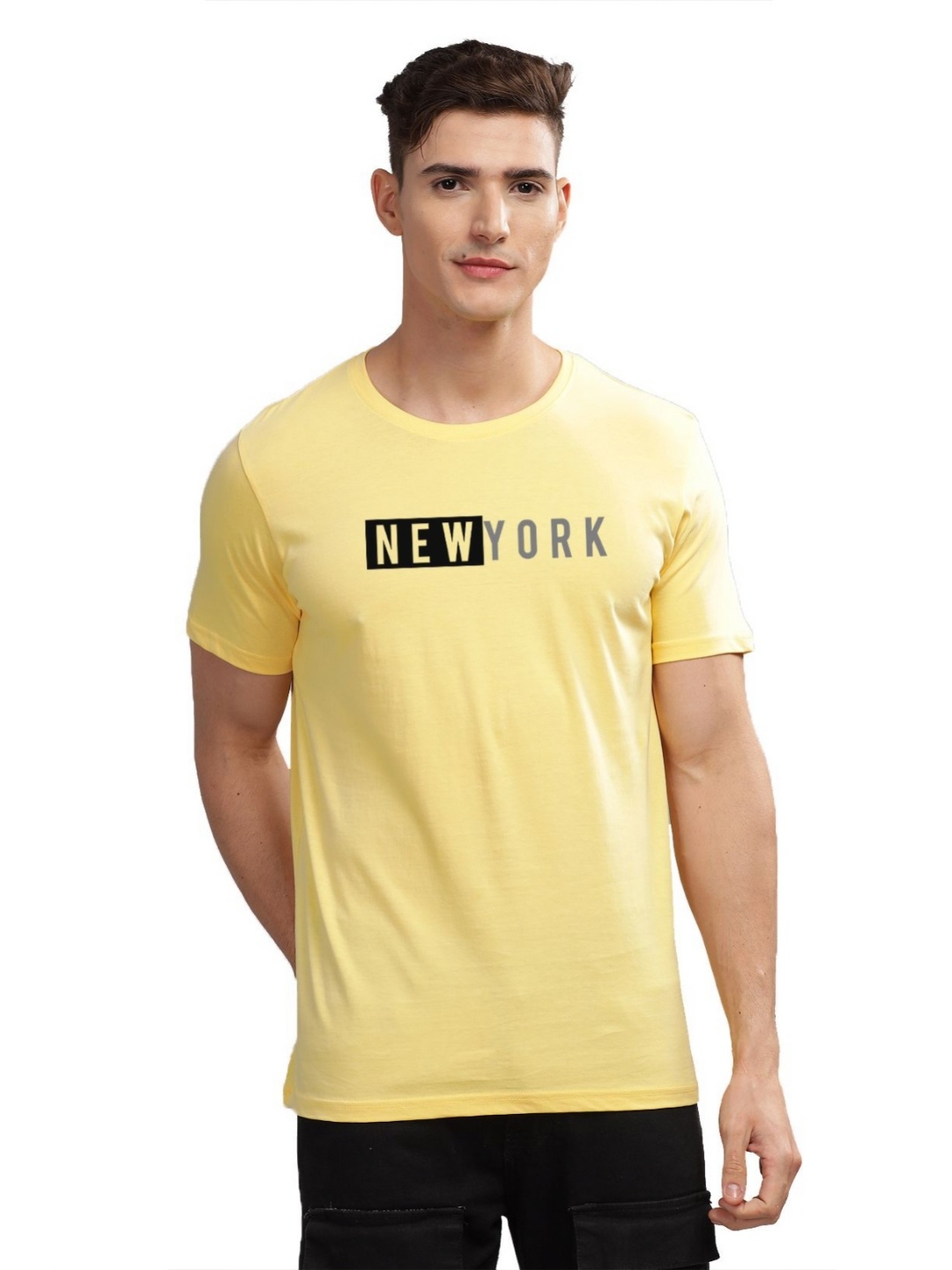 

ADRO Men Typography Printed Applique T-shirt, Yellow