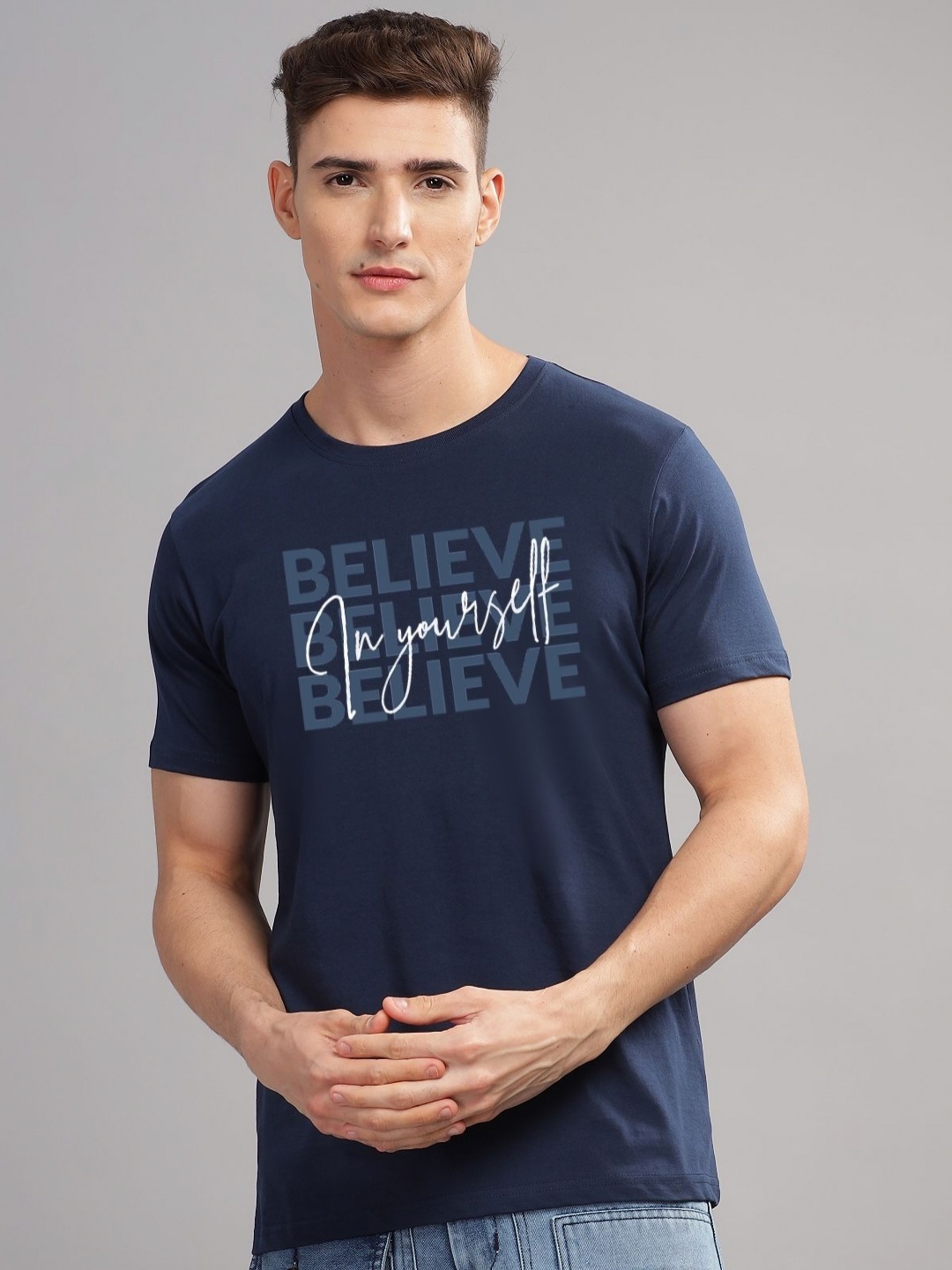 ADRO Men Typography Printed Applique T-shirt, Navy blue