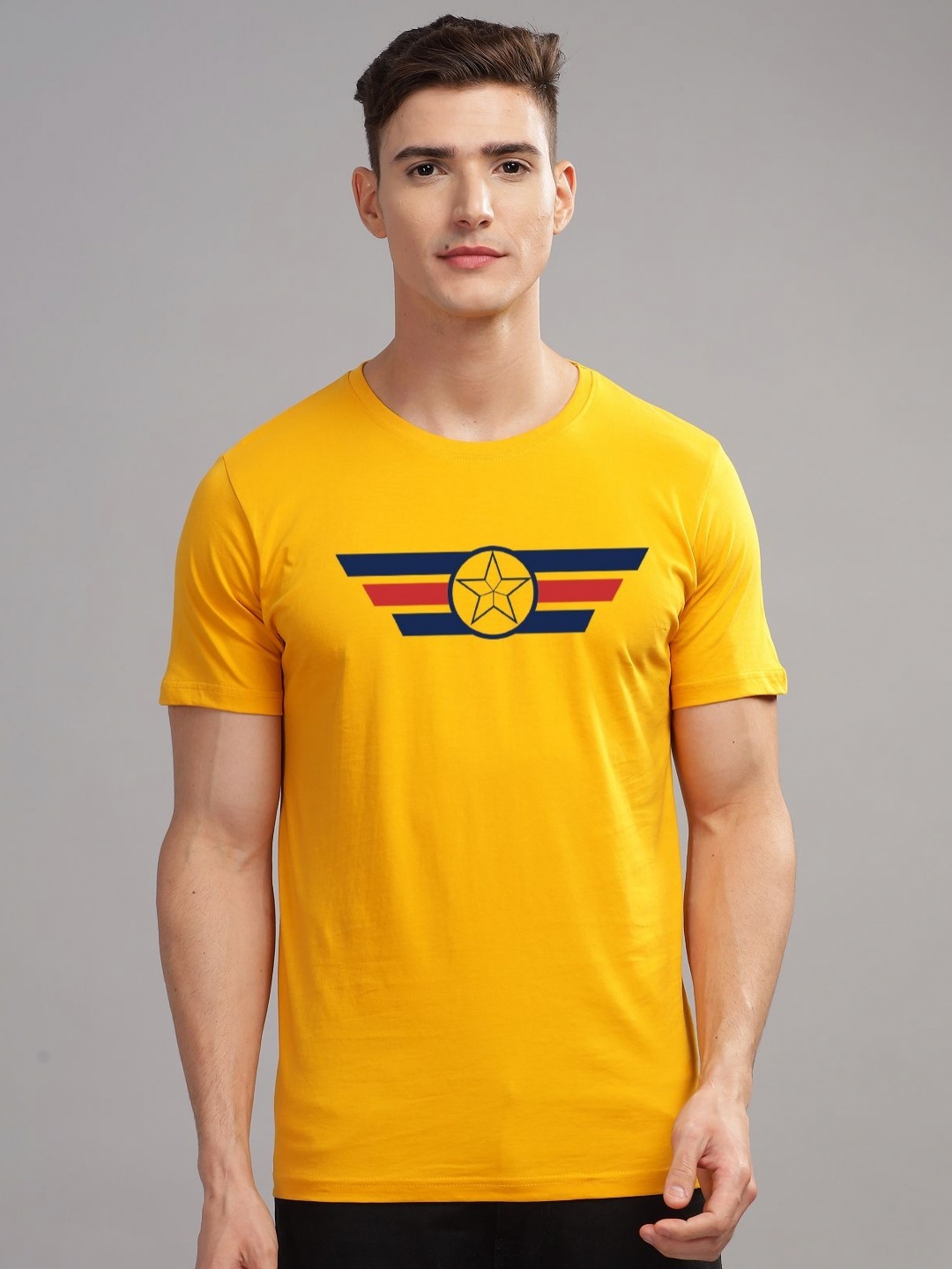 

ADRO Men Typography Printed Applique T-shirt, Mustard