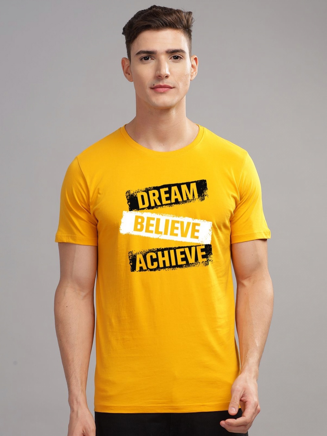 

ADRO Men Typography Printed Applique T-shirt, Mustard