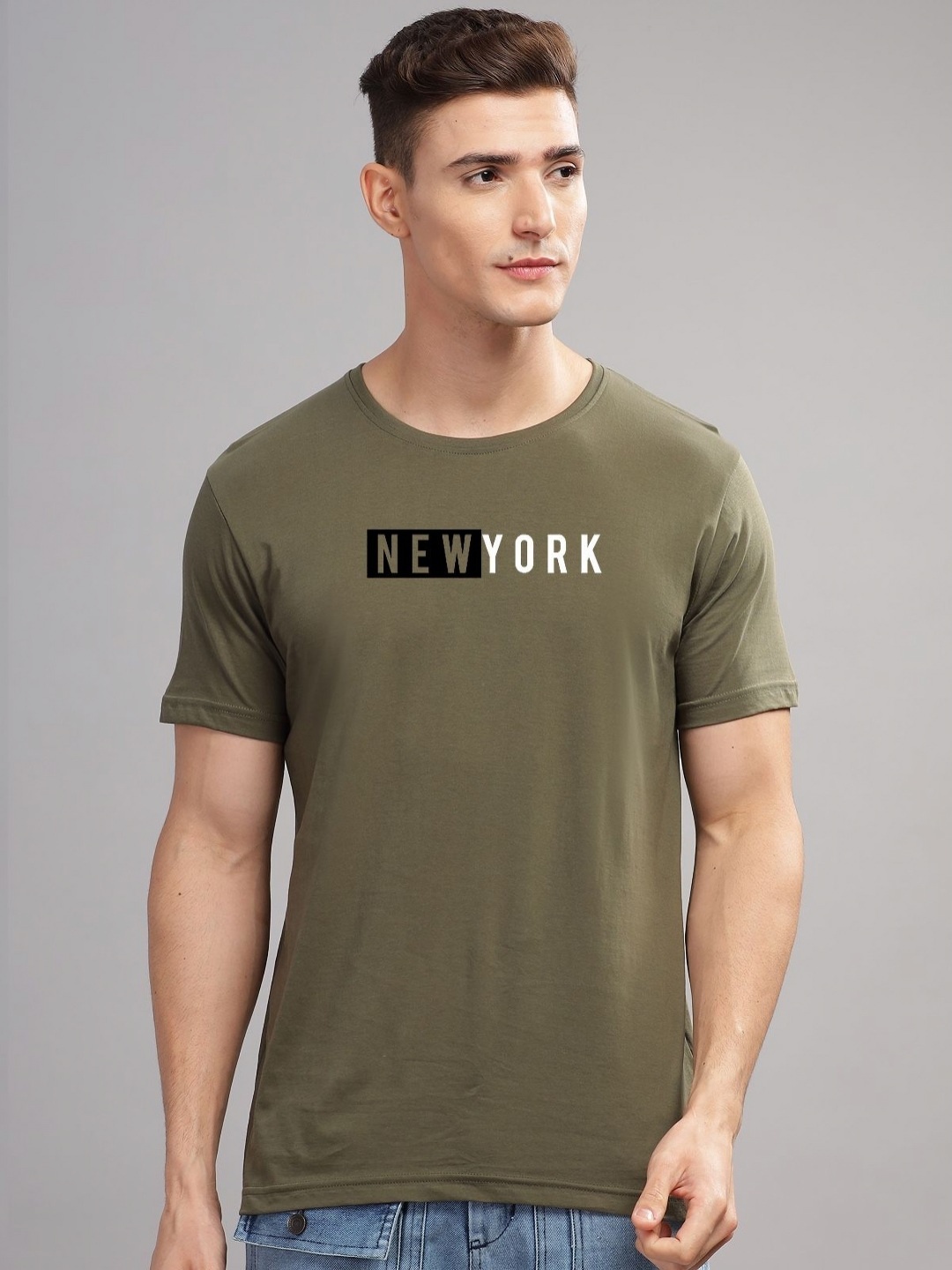 

ADRO Men Typography Printed Raw Edge T-shirt, Olive