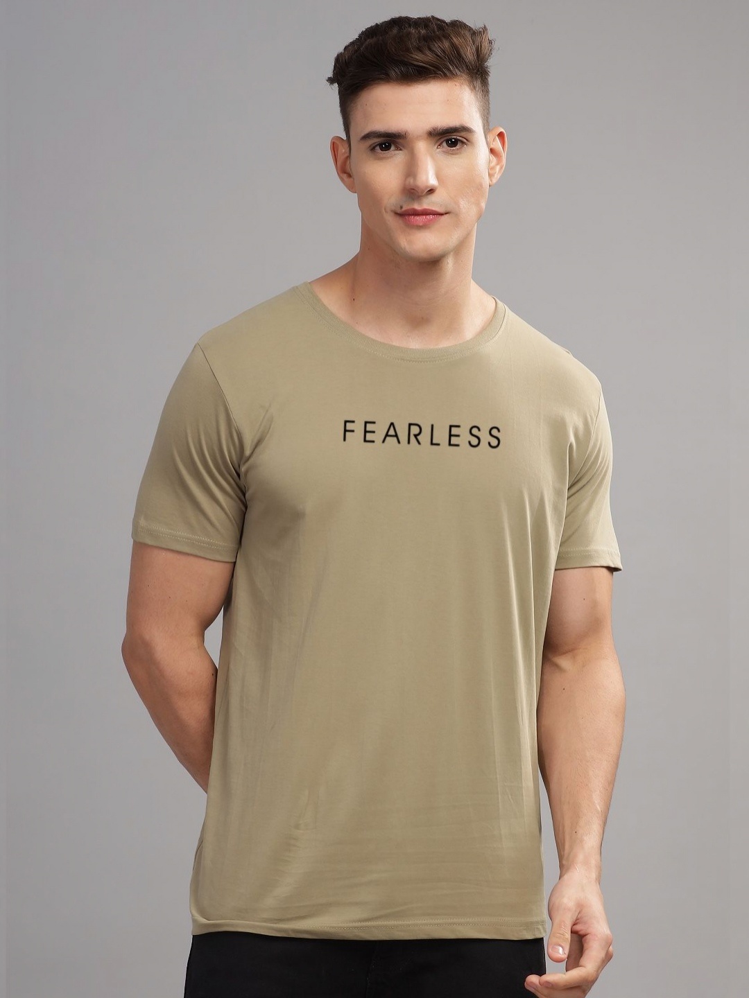 

ADRO Men Typography Printed Raw Edge T-shirt, Beige
