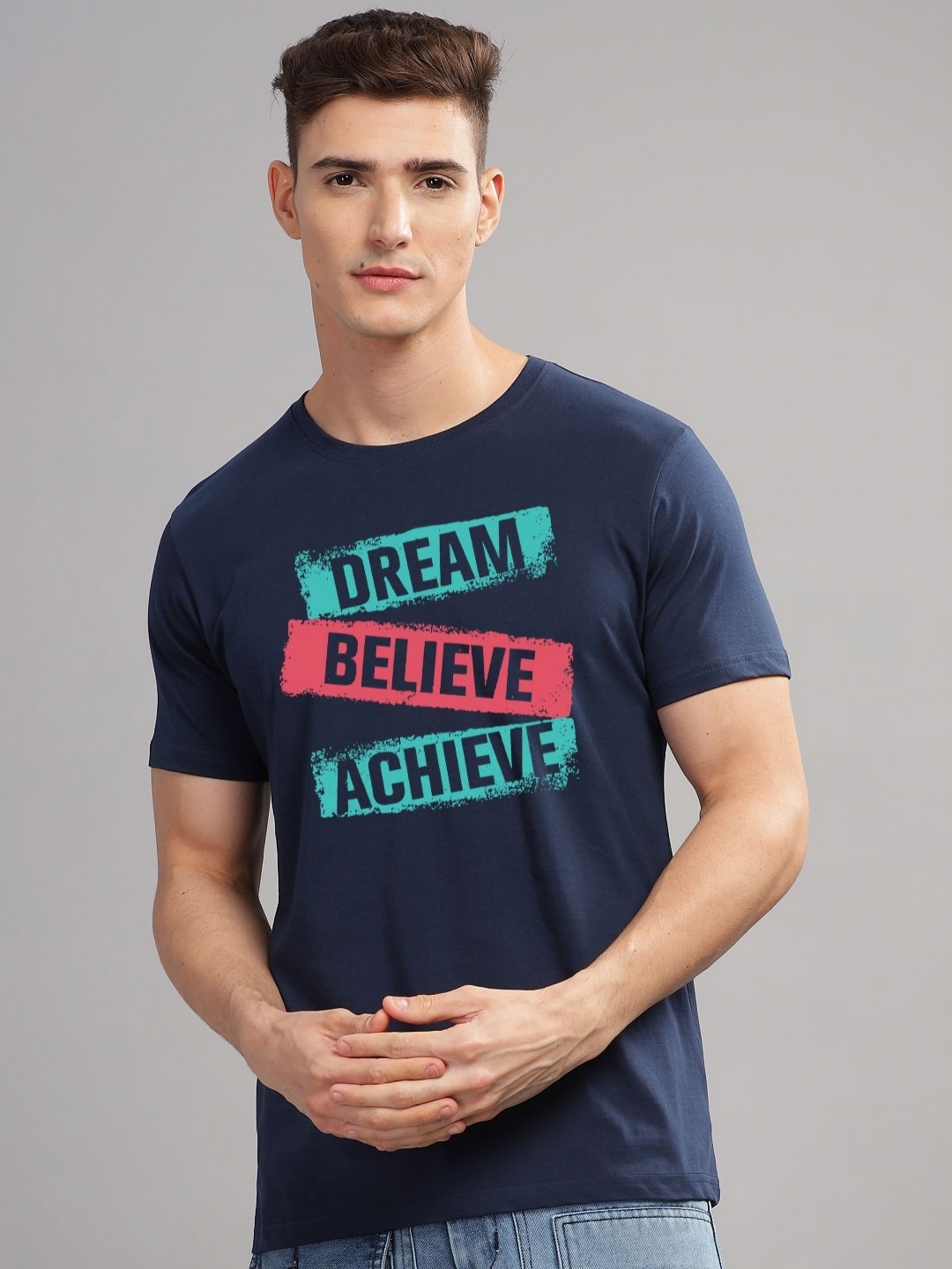 ADRO Men Typography Printed Raw Edge T-shirt, Navy blue