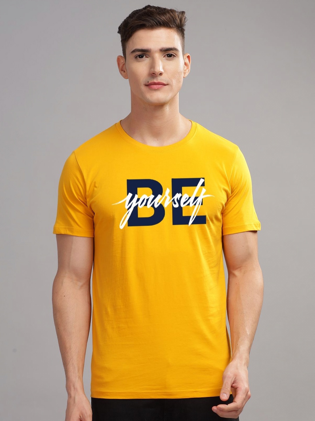 

ADRO Men Typography Printed Applique T-shirt, Mustard