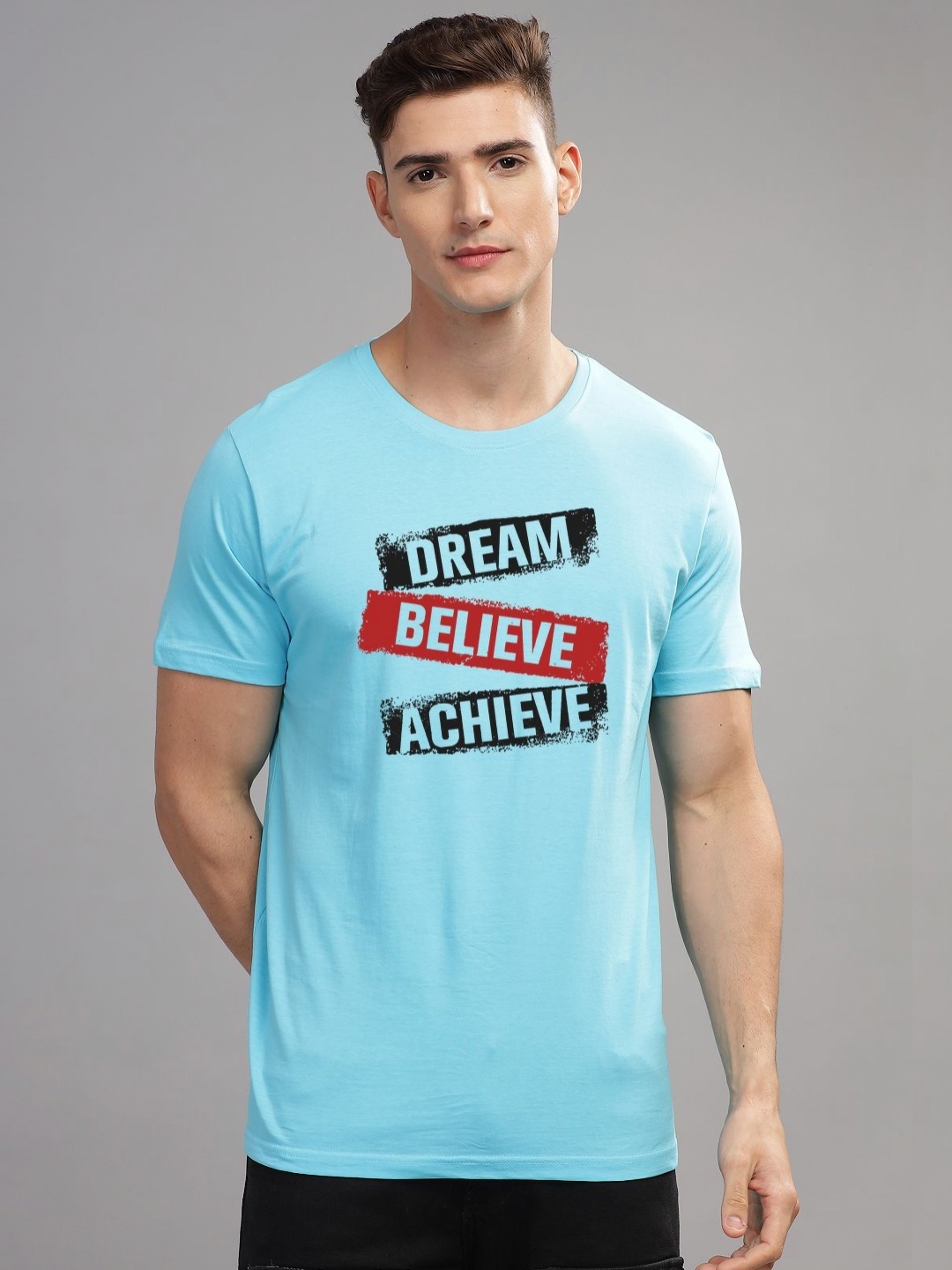 

ADRO Men Typography Printed Applique T-shirt, Turquoise blue