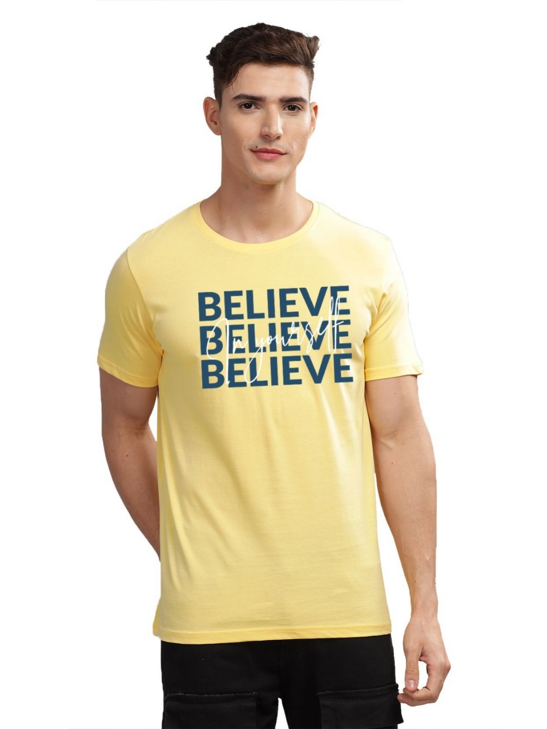 

ADRO Men Typography Printed Applique T-shirt, Yellow