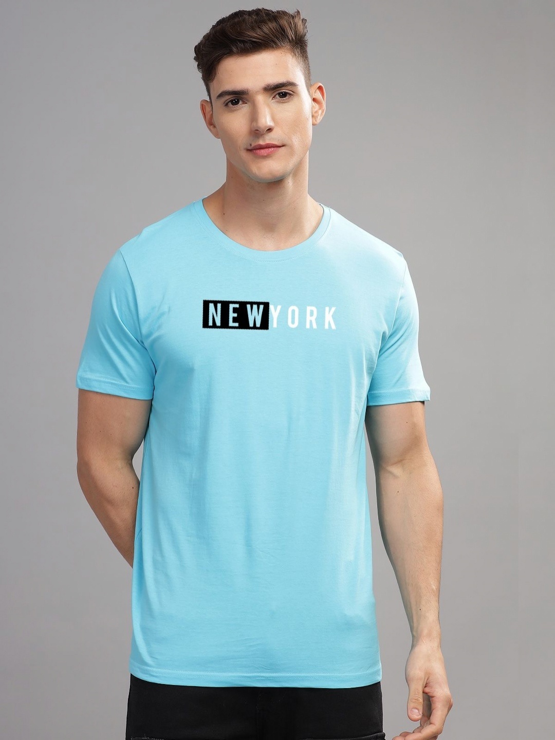 

ADRO Men Typography Printed Applique T-shirt, Turquoise blue