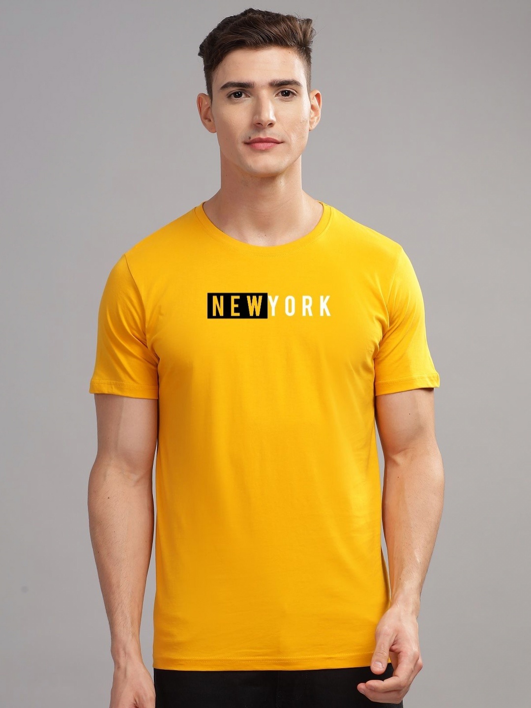 

ADRO Men Typography Printed Applique T-shirt, Mustard