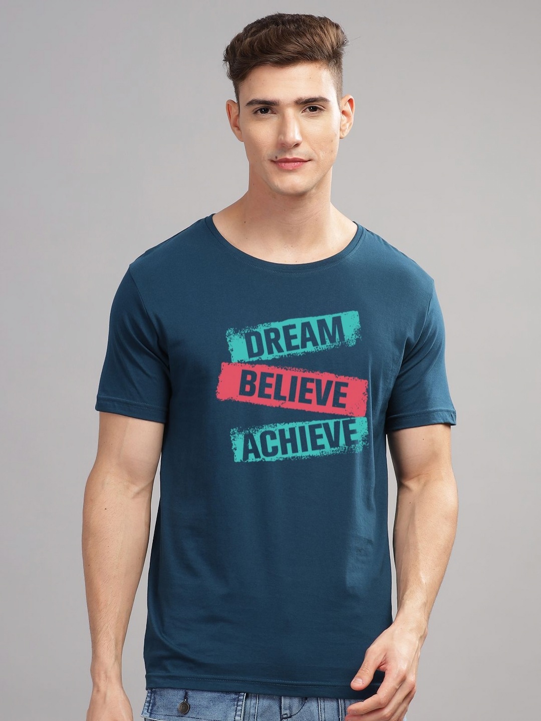 

ADRO Men Typography Printed Applique T-shirt, Teal