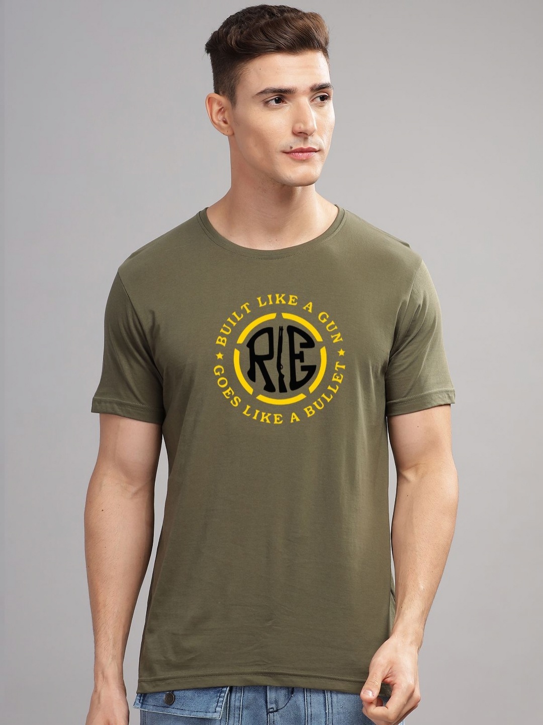 

ADRO Men Sports Printed Applique T-shirt, Olive