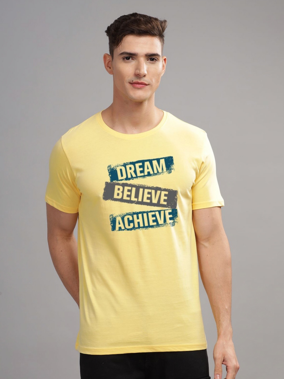 

ADRO Men Typography Printed Applique T-shirt, Yellow