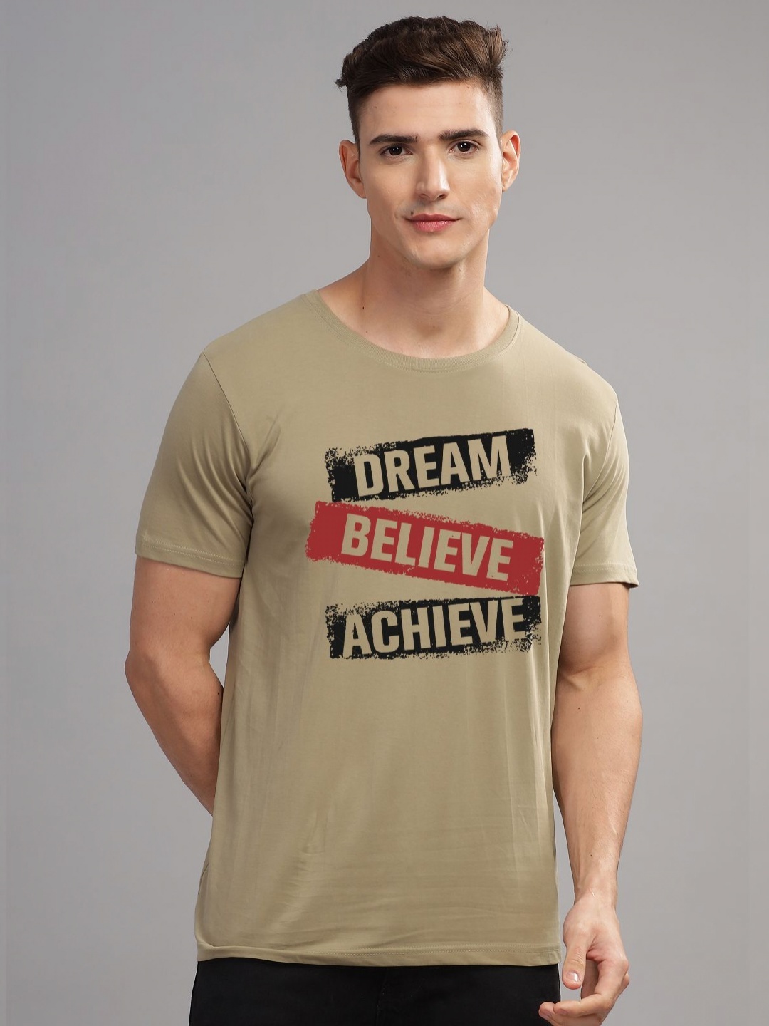 

ADRO Men Typography Printed Applique T-shirt, Beige