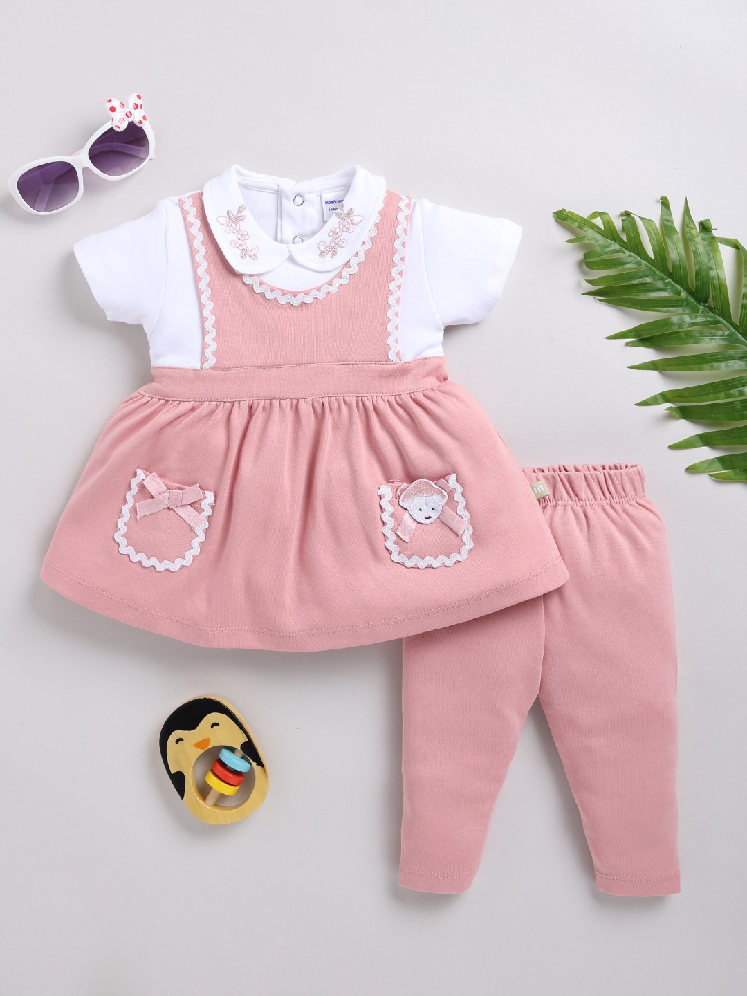 

Moms Love Infant Girls Pure Cotton Dress with Trousers, Pink