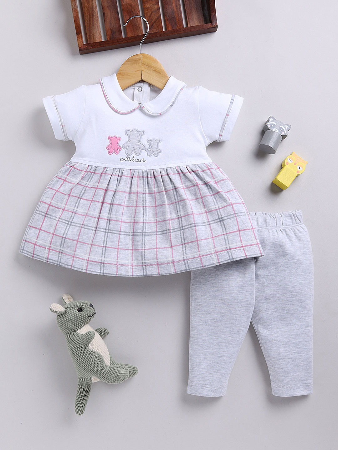 

Moms Love Infant Girls Pure Cotton Checked Dress with Trousers, White