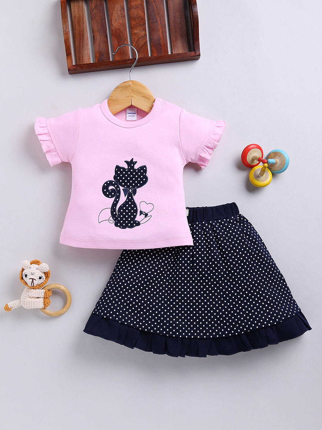 

Moms Love Infant Girls Pure Cotton Printed Top with Skirt, Pink