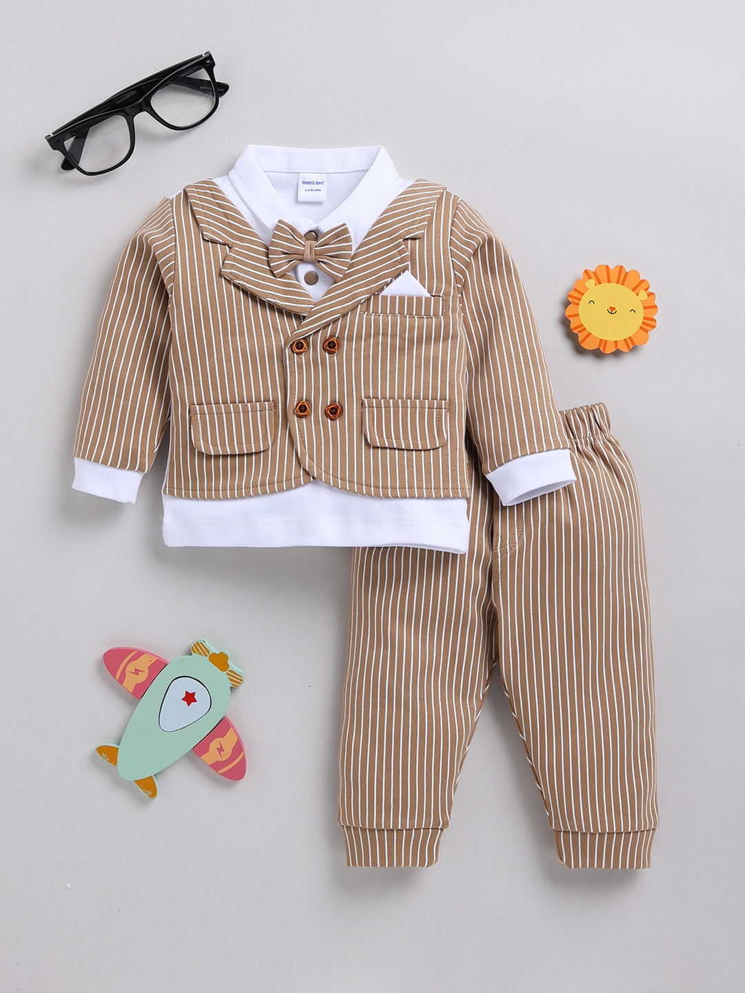 

Moms Love Infant Boys Pure Cotton Striped T-shirt With Joggers, Brown