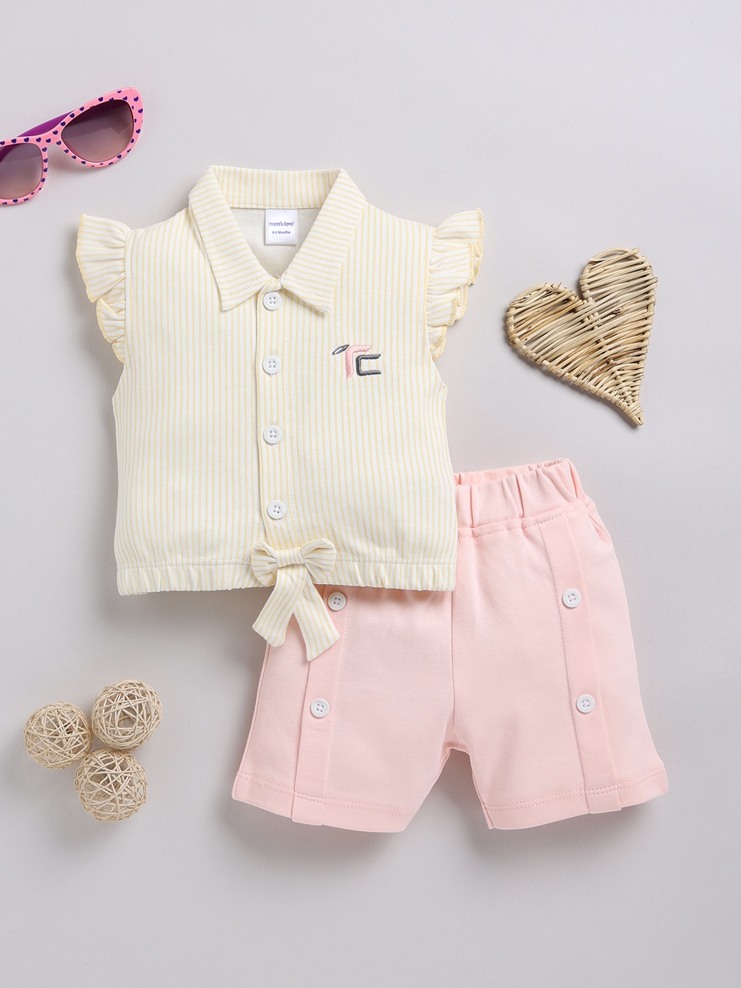 

Moms Love Infant Girls Pure Cotton Striped Top with Shorts, Yellow