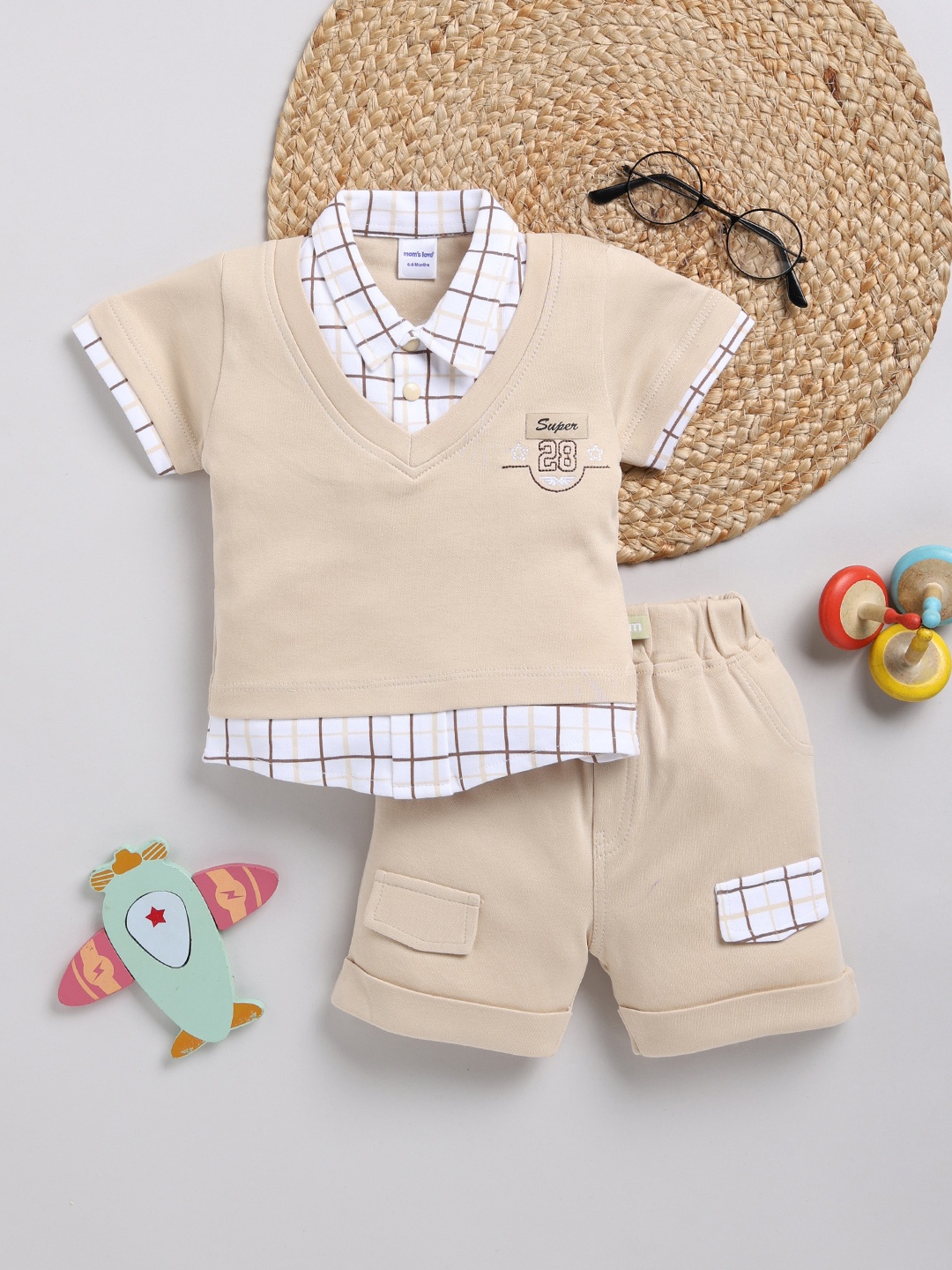 Moms Love Infant Boys Pure Cotton T-shirt With Joggers, Beige