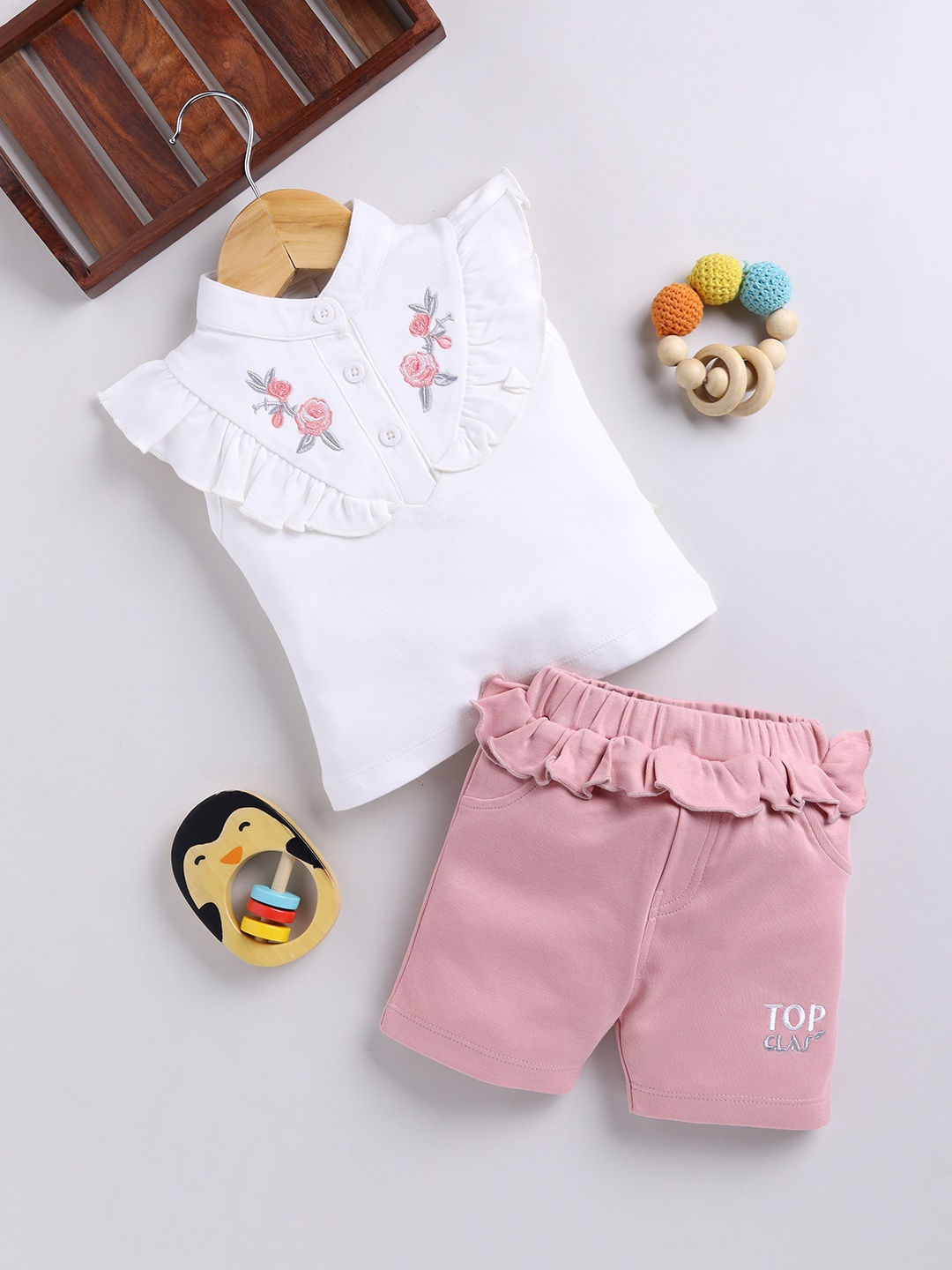 Moms Love Infant Girls Pure Cotton Top with Shorts, White