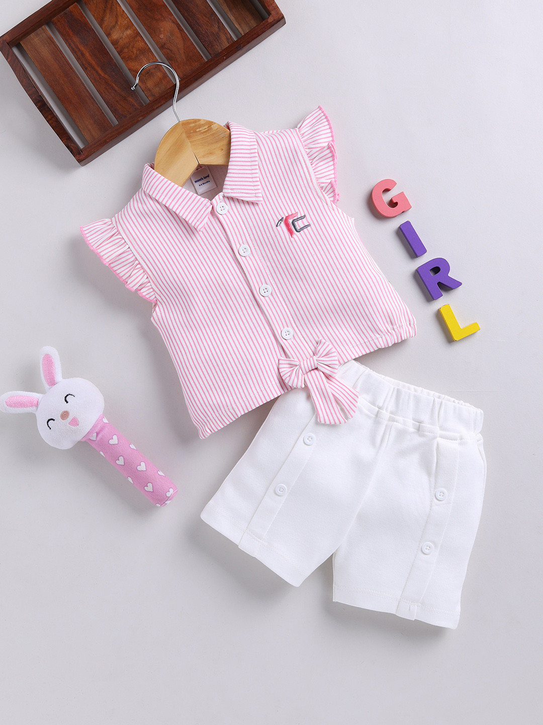 

Moms Love Infant Girls Pure Cotton Striped Top with Shorts, White