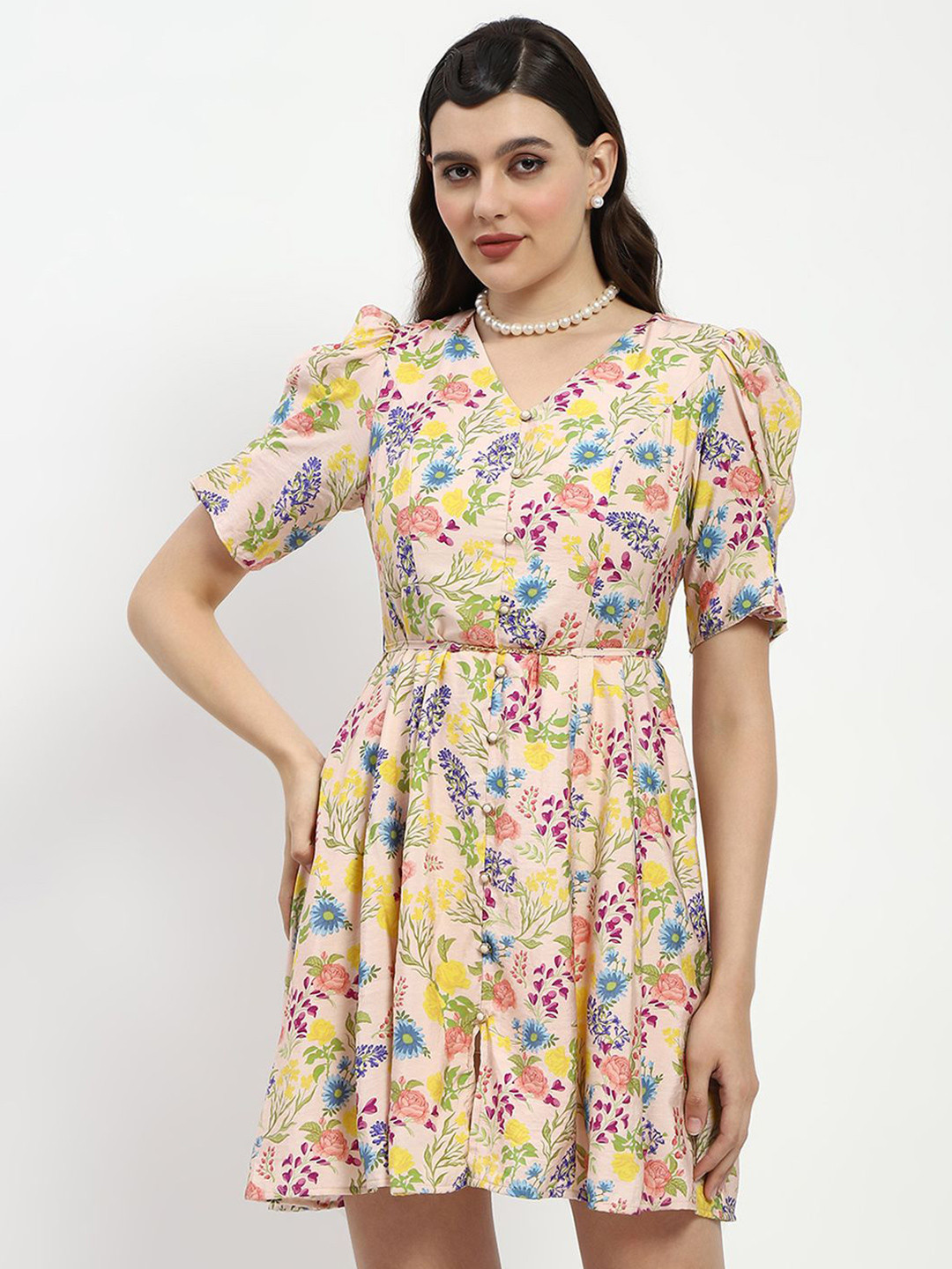 

Madame Floral Print Puff Sleeve Fit & Flare Dress, Off white