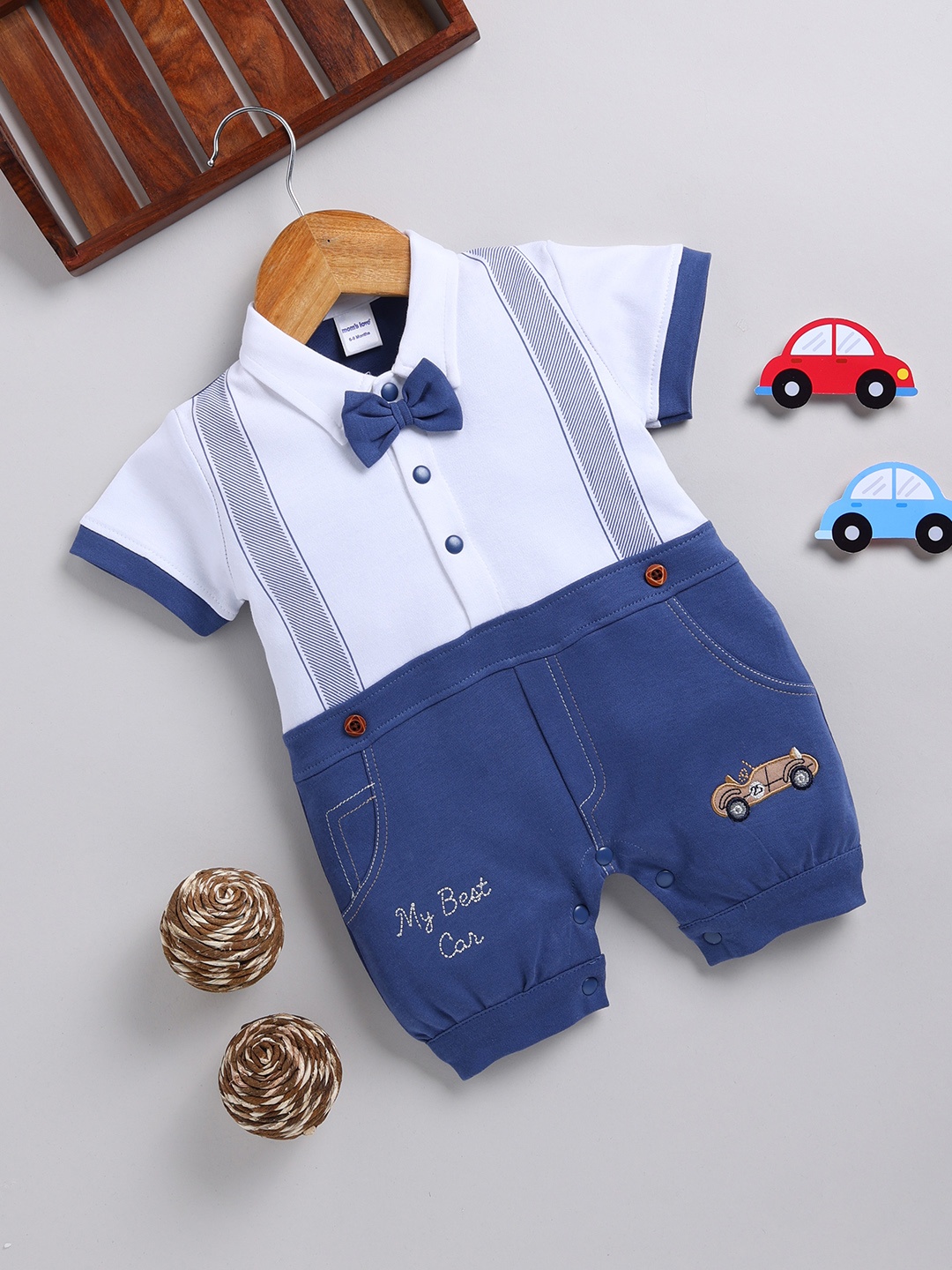 

Moms Love Infant Boys Bow-Detail Pure Cotton Romper, Blue