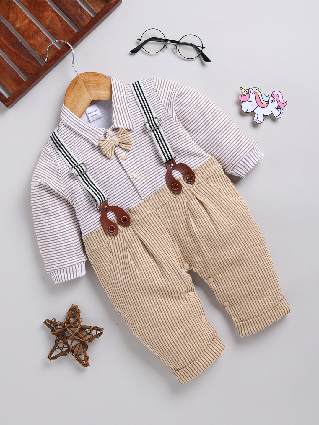 

Moms Love Infant Boys Pure Cotton Romper with Suspender Detail, Beige