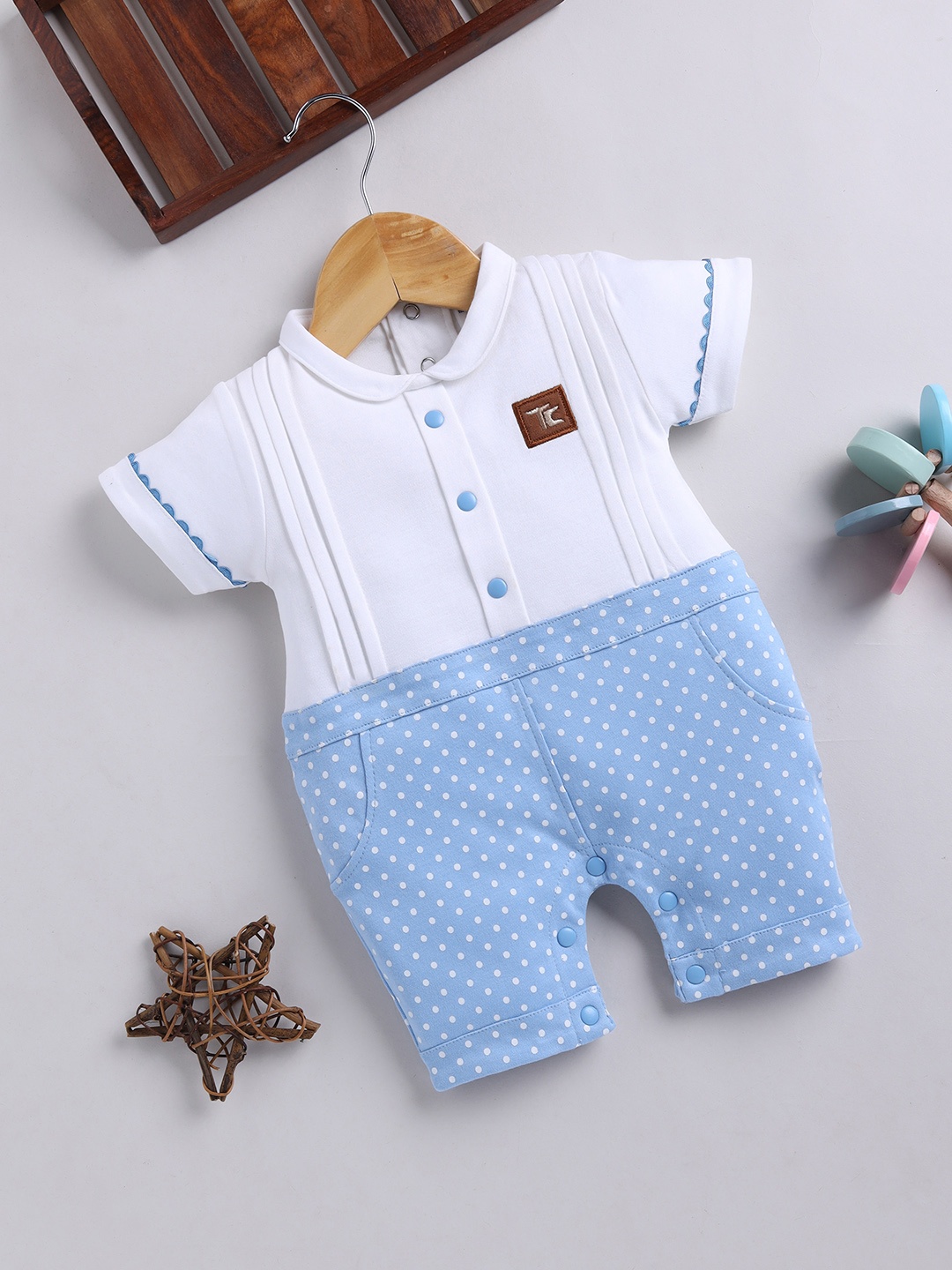 

Moms Love Infant Boys Polka Dot Print Pure Cotton Romper with Pleated Detail, Blue