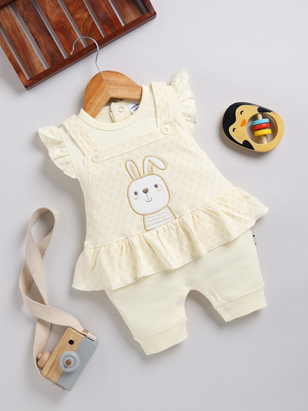 

Moms Love Infant Girls Printed Cotton Rompers with Applique Detail, Yellow