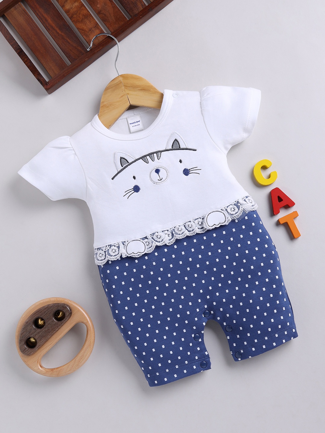 

Moms Love Infant Girls Printed Cotton Rompers with Applique Detail, Blue