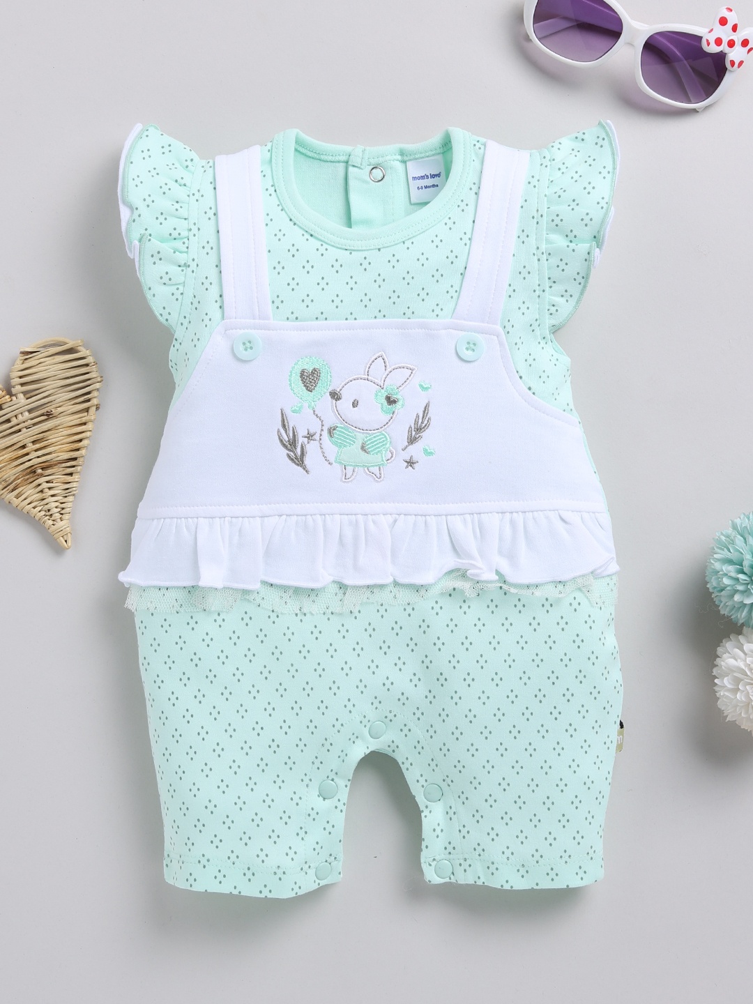 

Moms Love Infant Girls Printed Cotton Rompers with Applique Detail, Green