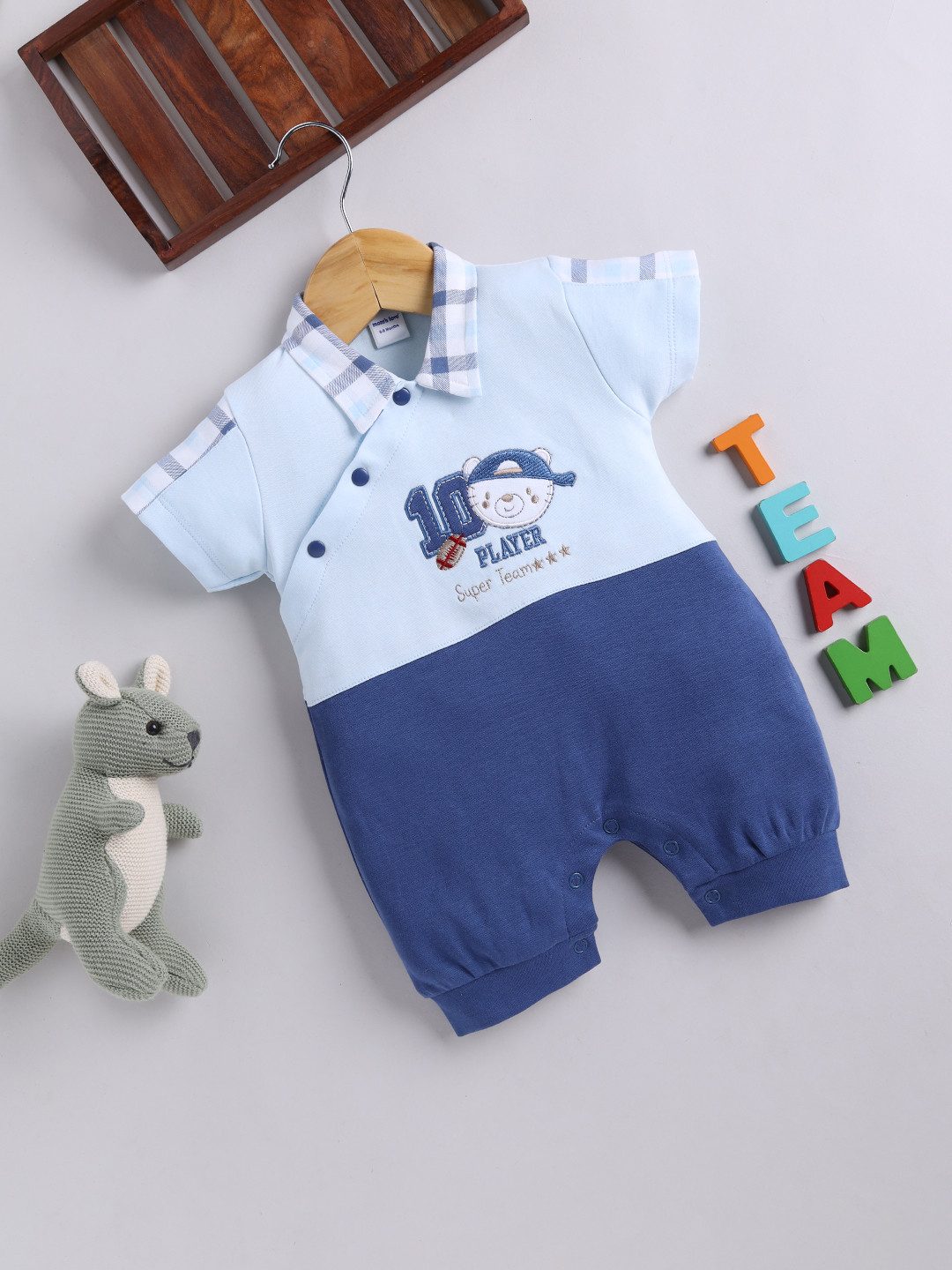 

Moms Love Infant Boys Pure Cotton Colorblocked Rompers, Blue