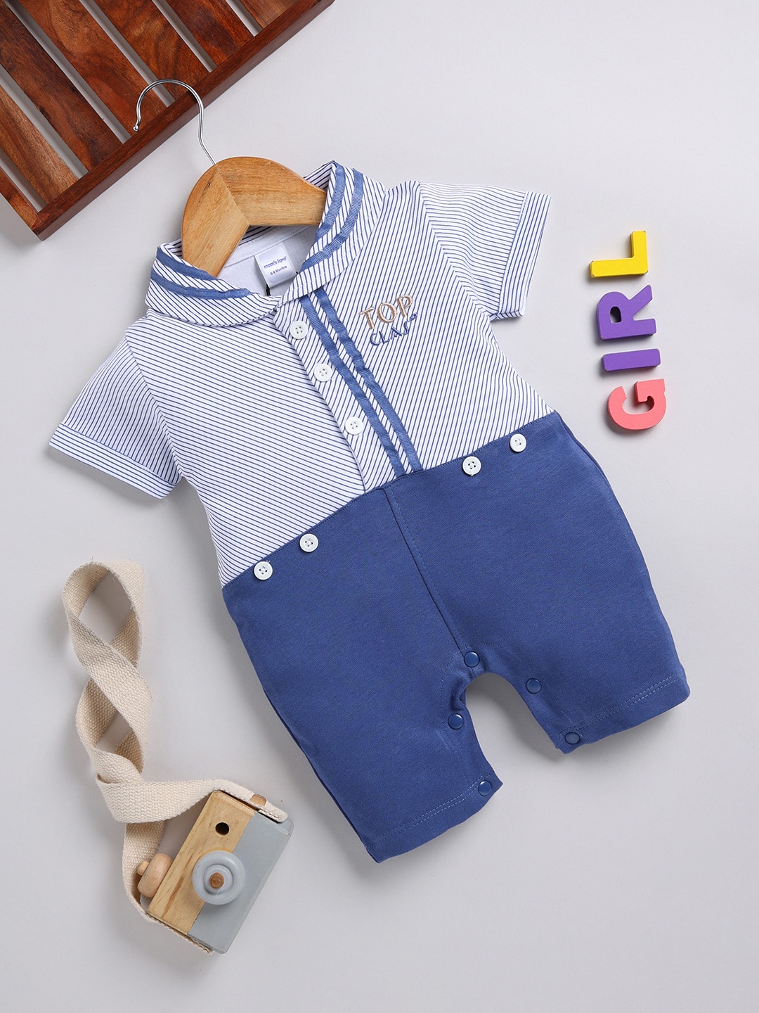 

Moms Love Infant Boys Pure Cotton Colourblocked Rompers, Blue