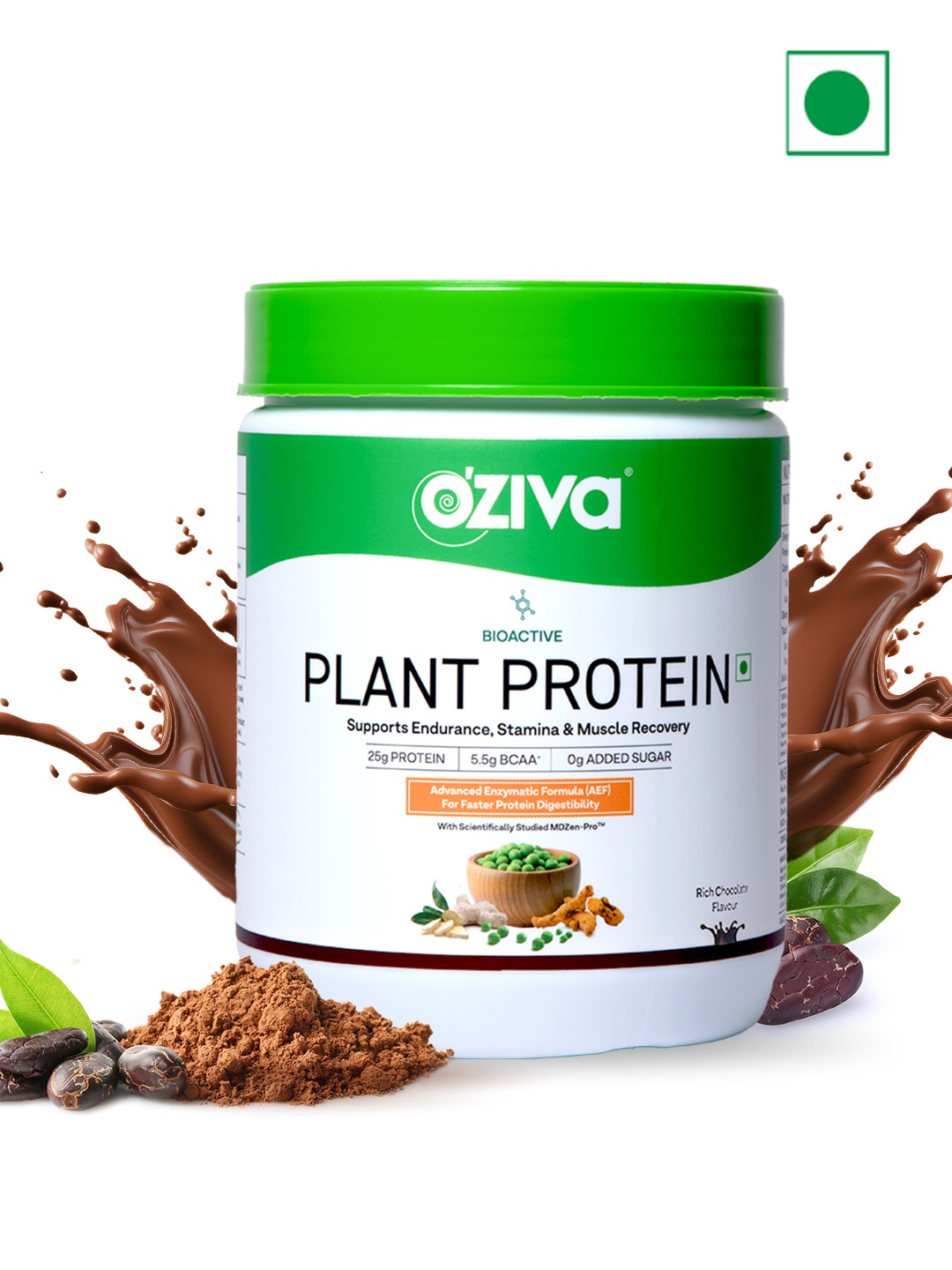 

OZiva Bioactive Plant Protein - 500g - Rich Chocolate, Green