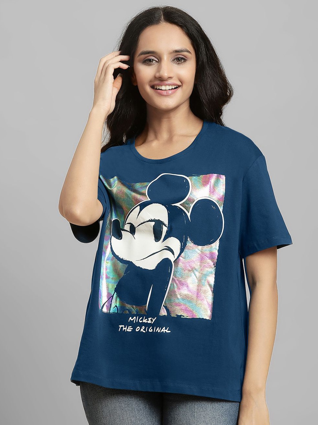 Free Authority Women Mickey & Friends Printed Loose Fit T Shirt, Blue
