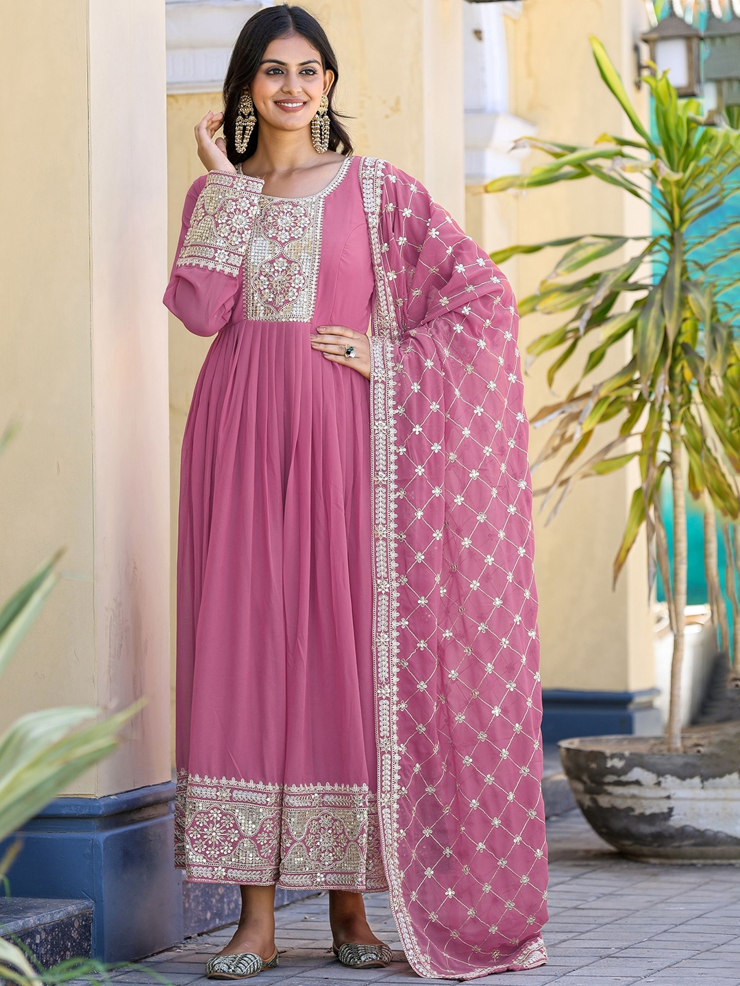

KALINI Embroidered Flared Maxi Gown With Dupatta, Pink
